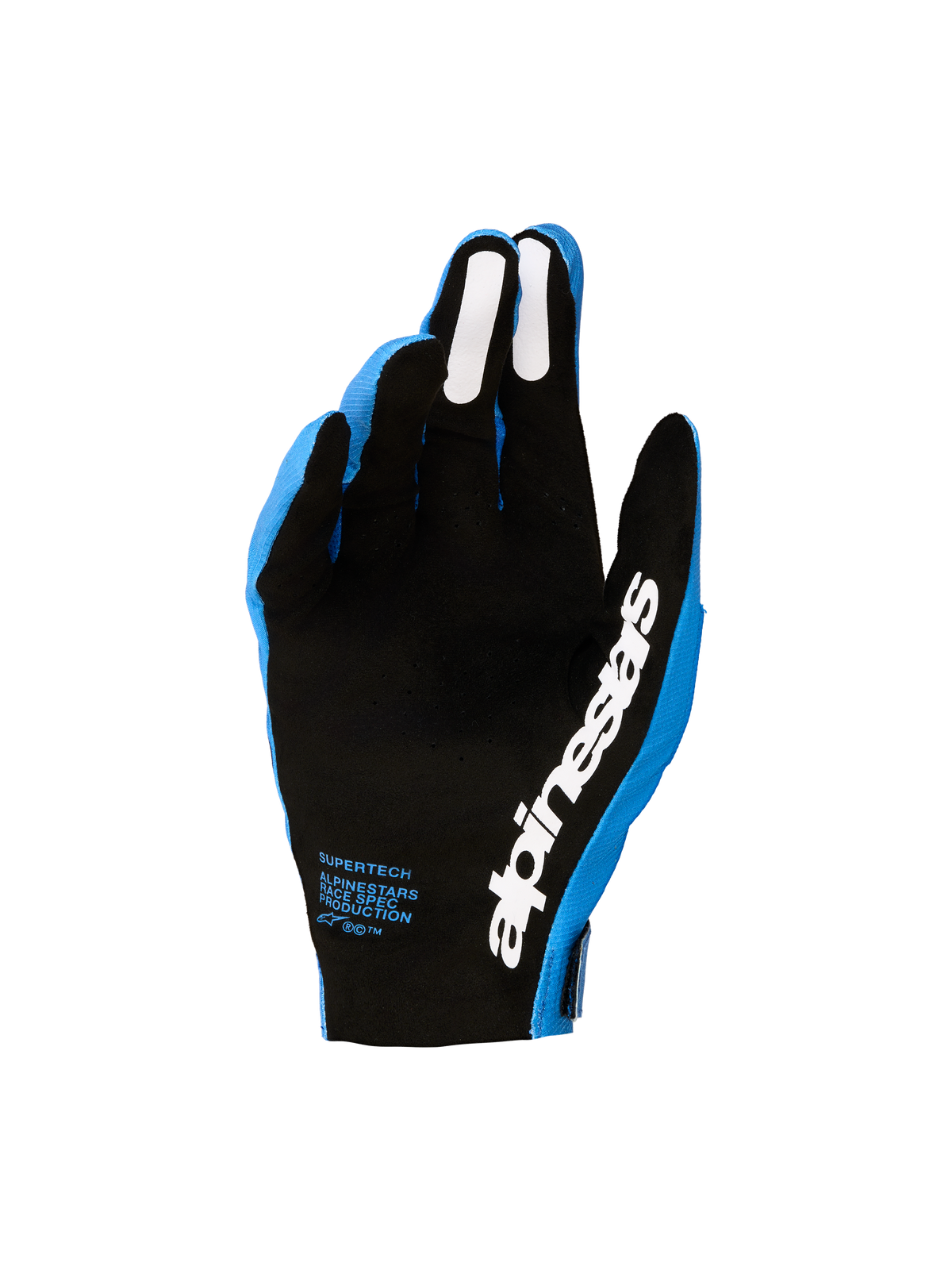Luvas Alpinestars Supertech MX para motocross, azuis e pretas, com palma perfurada e detalhes em silicone branco.