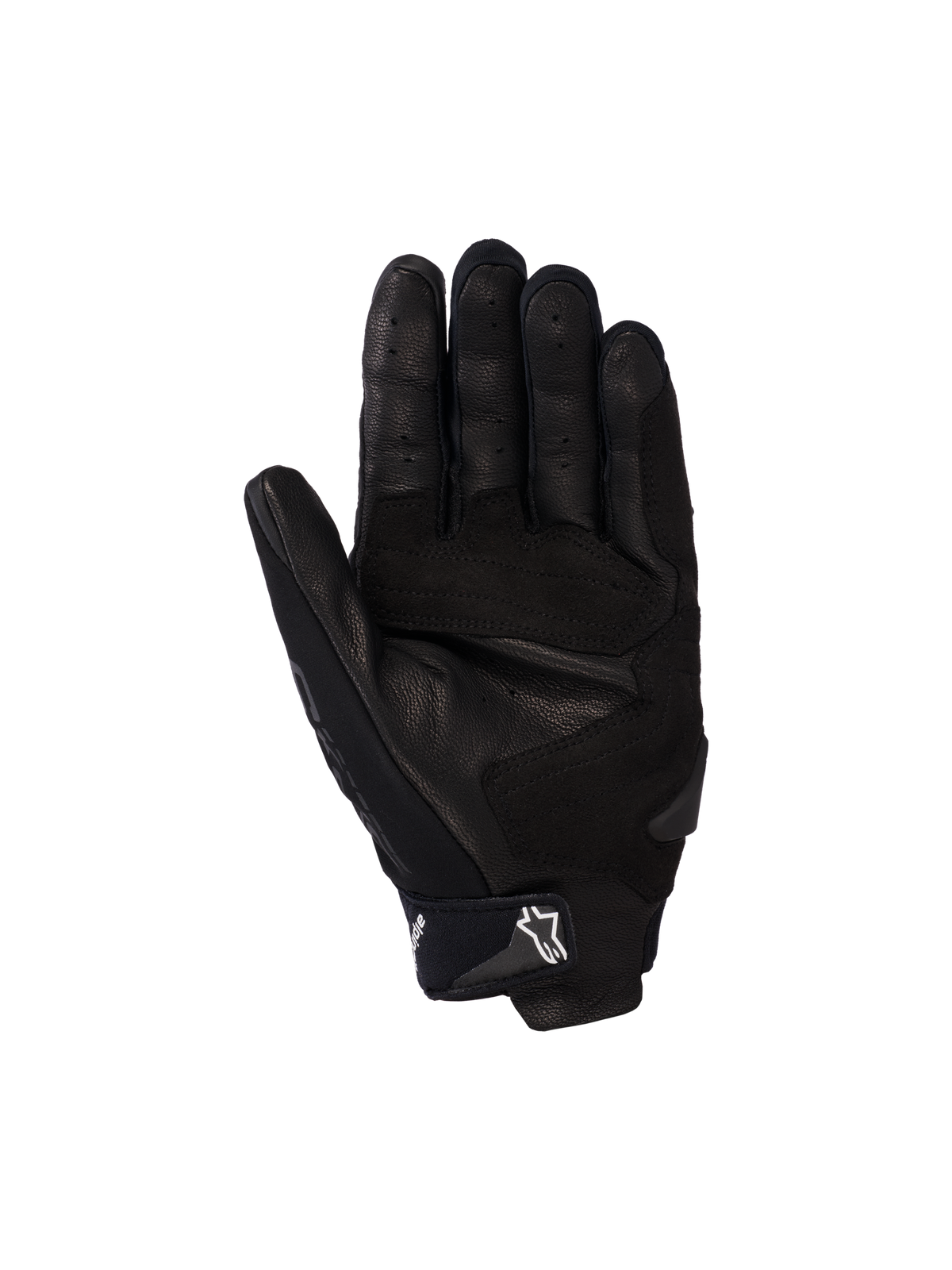 Luvas Alpinestars SP X 5 Air, luvas de motociclismo, pretas, vista da palma com pele perfurada, deslizadores de palma reforçados e tira de ajuste no pulso com logótipo de estrela branco, equipamento de proteção desportivo