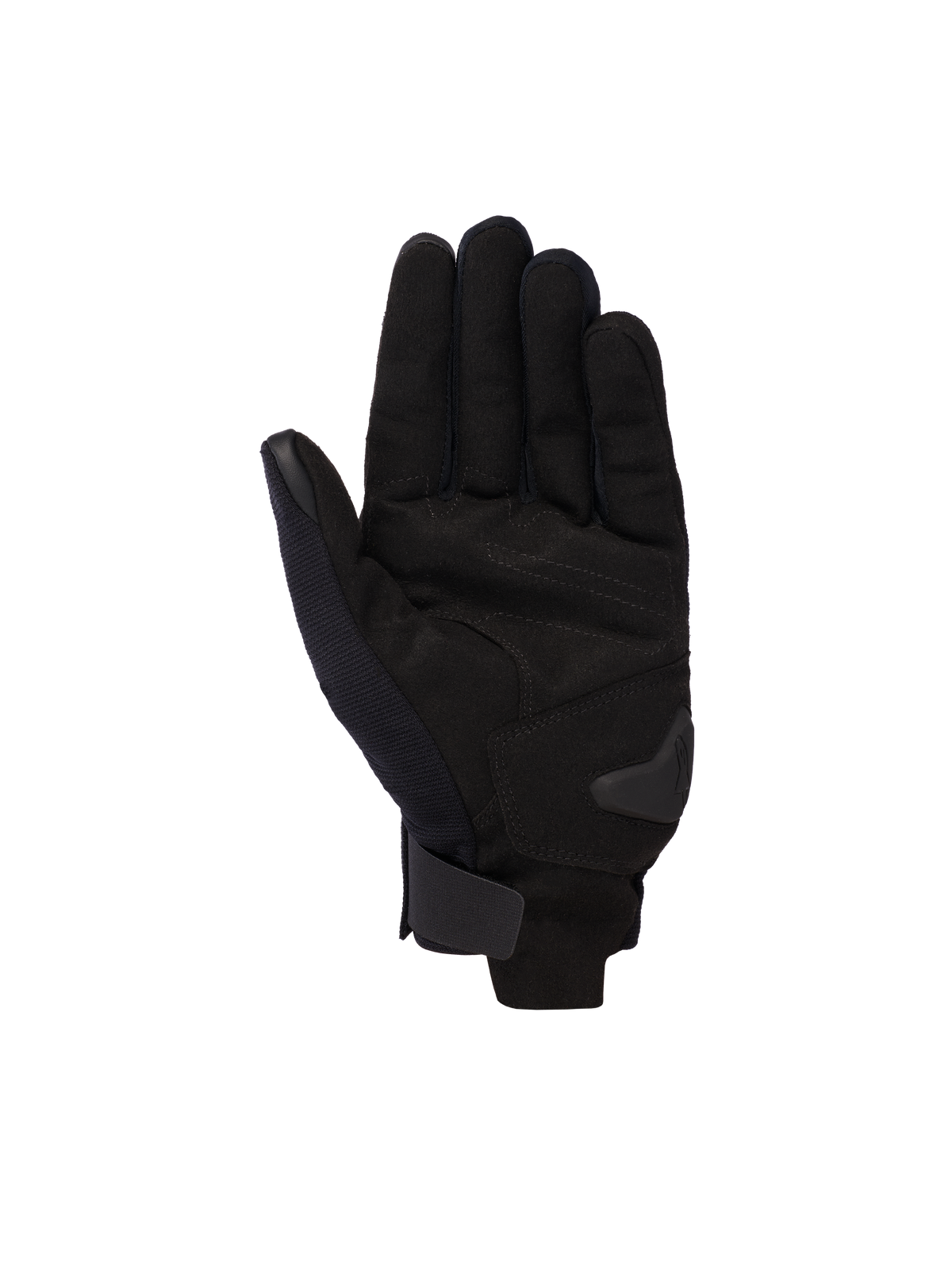 Alpinestars Reef V2 Gloves, Black, short-cuff motorcycle gloves, palm view showing synthetic suede material, reinforced palm padding, and hook-and-loop wrist closure, modern urban design for road riding