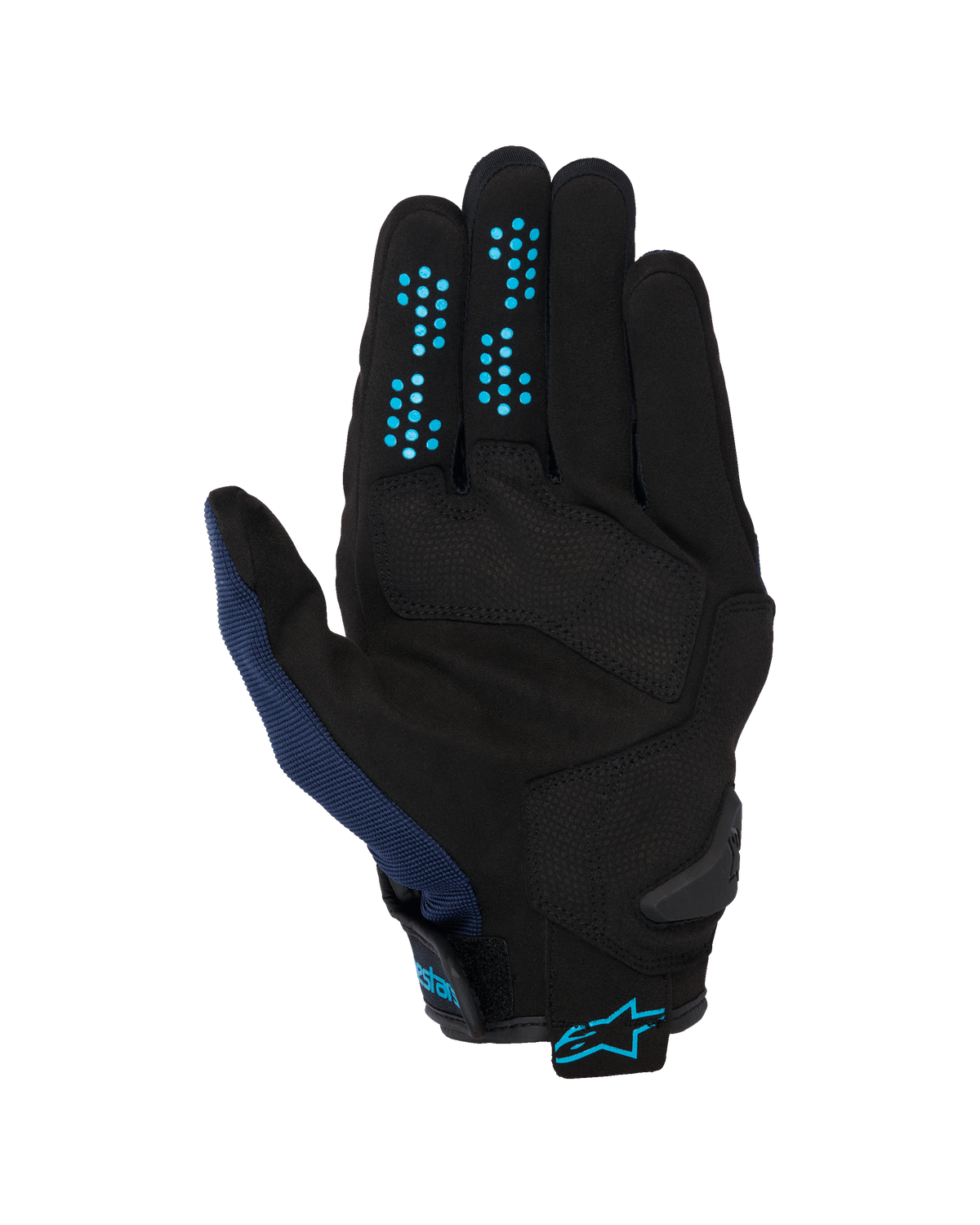 Luvas Alpinestars Chrome V2, Dark Blue Hawaiian Ocean, vista da palma, construção em camurça sintética preta com pontos de aderência em silicone azul nos dedos, malha respirável no polegar e punho ajustável com logótipo Alpinestars azul.