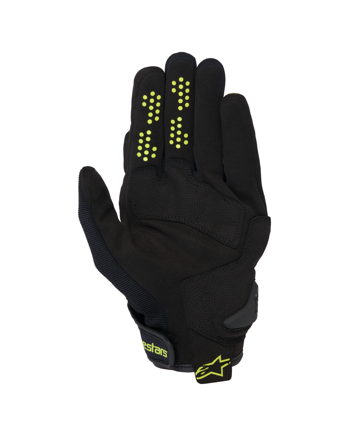 Alpinestars Chrome V2 Gloves, Short Cuff Motorcycle Gloves, Black with neon yellow accents, palm view showing synthetic suede construction, silicone grip dots on fingers, and hook-and-loop wrist closure with Alpinestars branding.