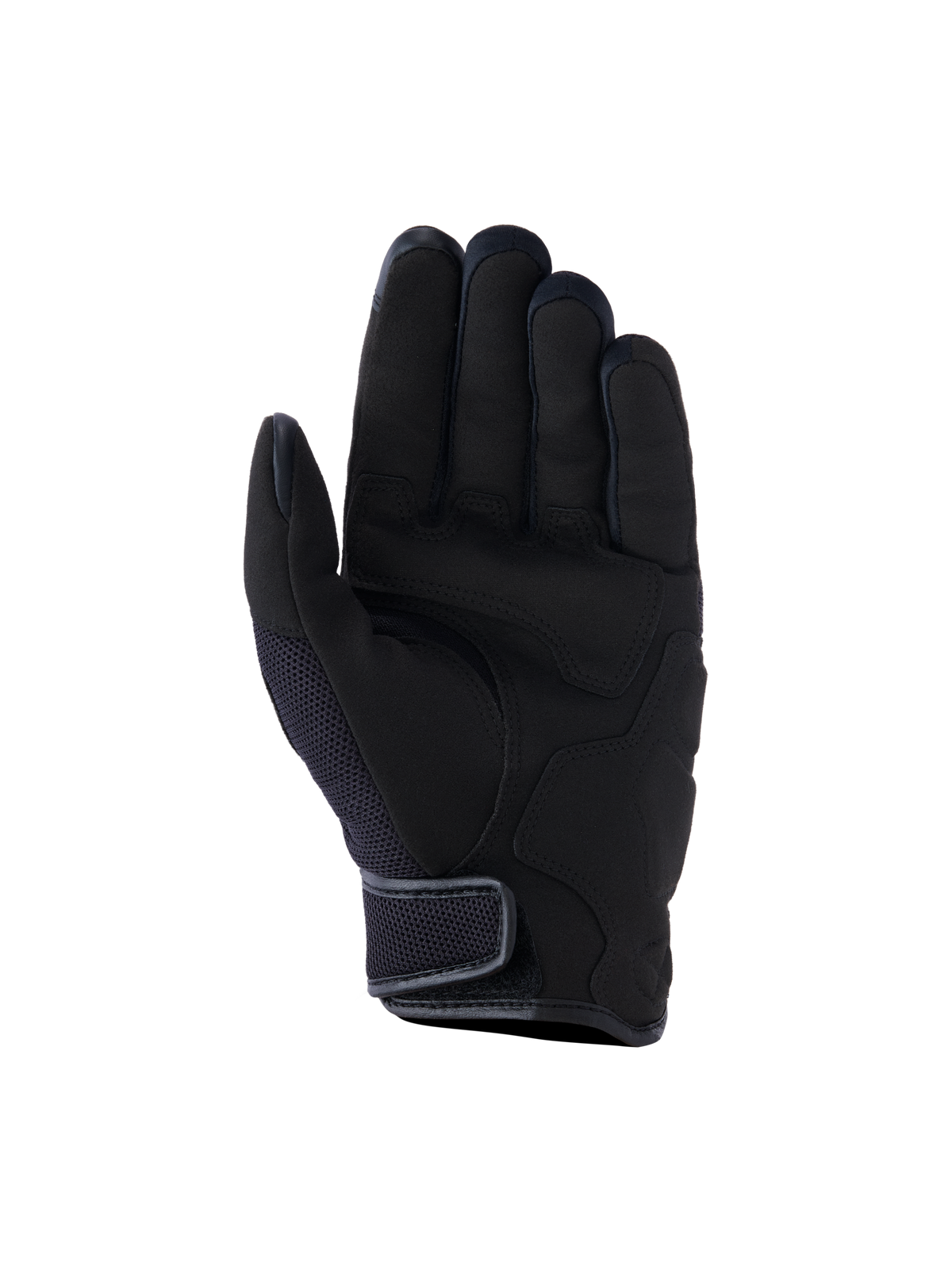 Alpinestars Ignite Gloves, luvas de motociclismo urbanas, pretas, vista da palma com reforços em camurça sintética, inserções de malha respirável e fecho de punho curto com velcro