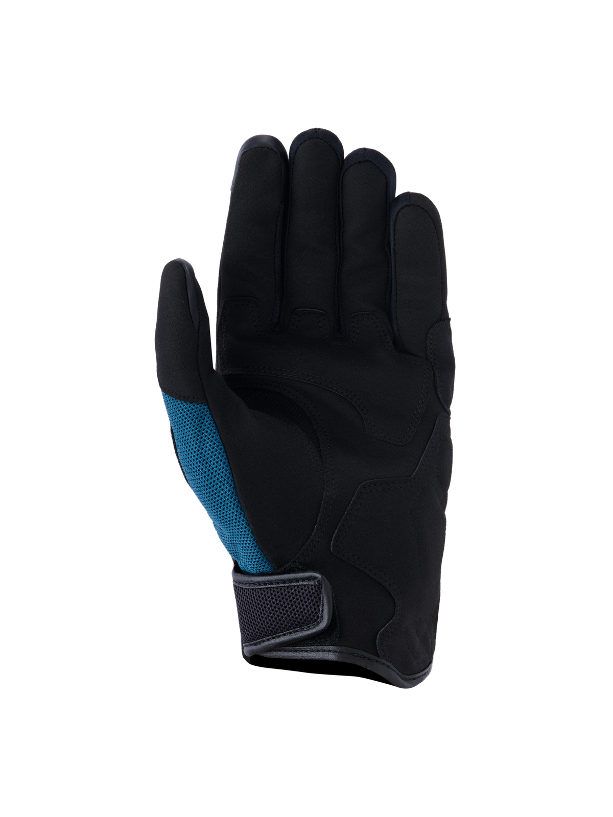 Luvas Alpinestars Ignite, luvas de motociclismo urbanas, Azul Índigo e Preto, vista da palma com camurça sintética e acolchoamento estratégico, painel lateral em malha azul-petróleo e design de punho curto com fecho de velcro