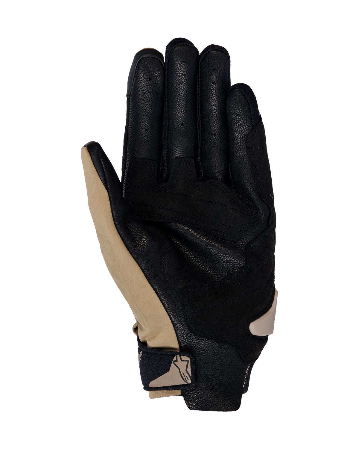 Alpinestars SP X 3 Gloves, Motorcycle Gloves, Dark Khaki Sand Black, palm side view featuring perforated black leather and khaki synthetic overlays, compact wrist strap with logo, ergonomic design for sport and road riding