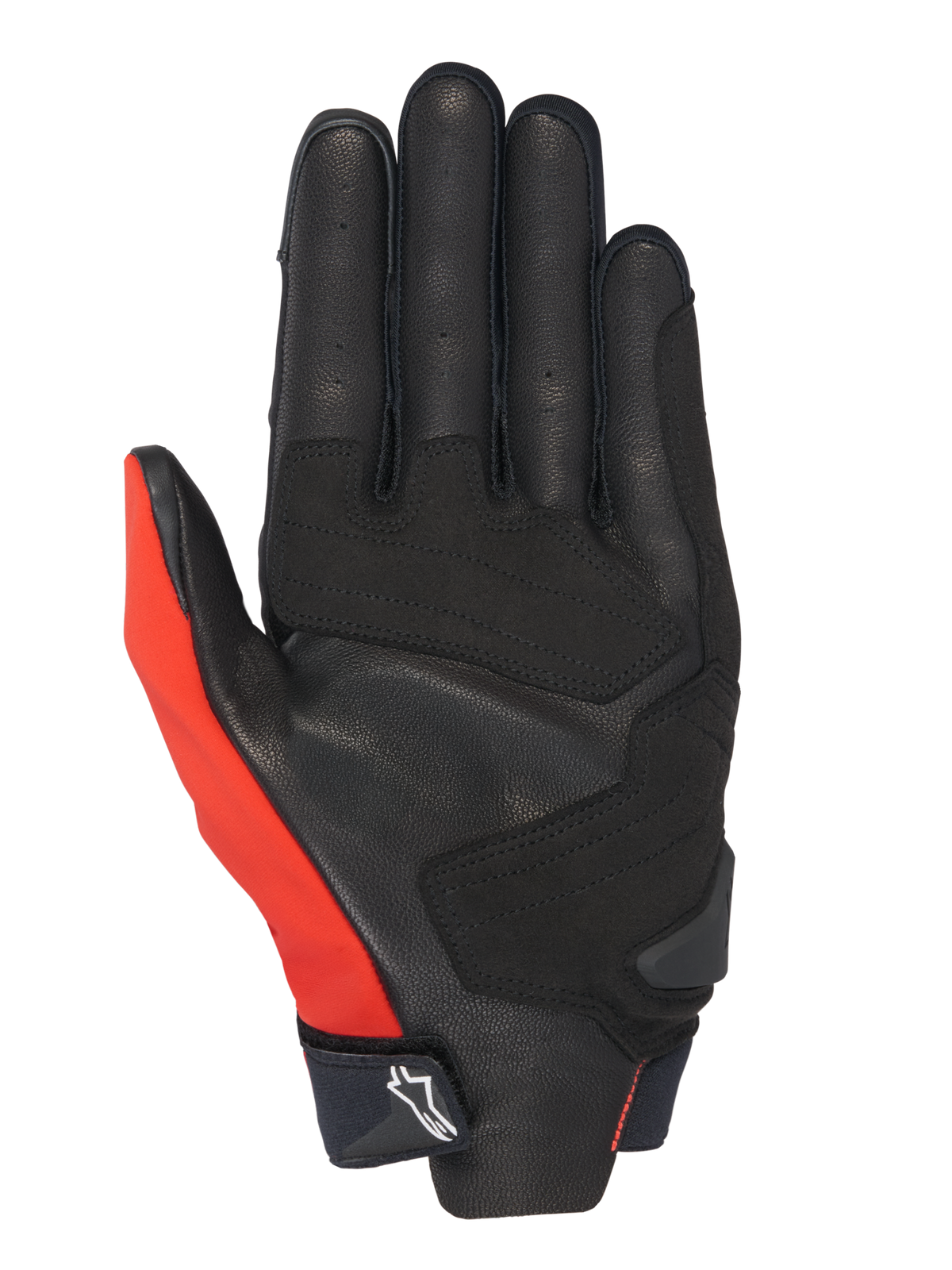 Luvas Alpinestars Honda SP X 3, luvas de motociclismo, vermelho brilhante, preto e branco, vista da palma com construção em couro perfurado e reforços sintéticos, painel do polegar em vermelho brilhante e punho compacto com o logótipo da Alpinestars