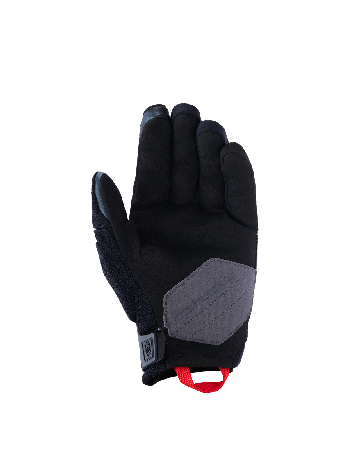 Luvas Alpinestars Durack, luvas de motociclismo, preto, cinzento escuro e vermelho vivo, vista da palma com construção em camurça sintética, reforço cinzento e presilha vermelha viva, equipamento de aventura e dual-sport