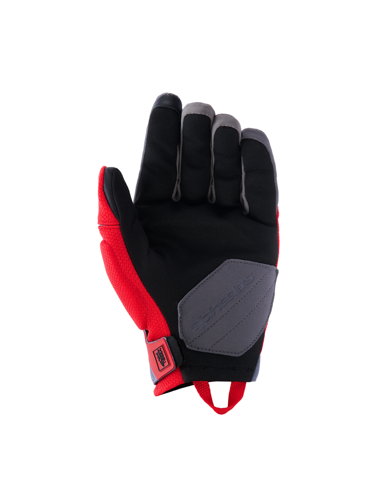Luvas Alpinestars Durack, luvas de motociclismo, vermelho vivo e cinzento médio, vista da palma com construção em camurça sintética, palma preta com reforço cinzento, painéis laterais vermelhos e alça de puxar no punho