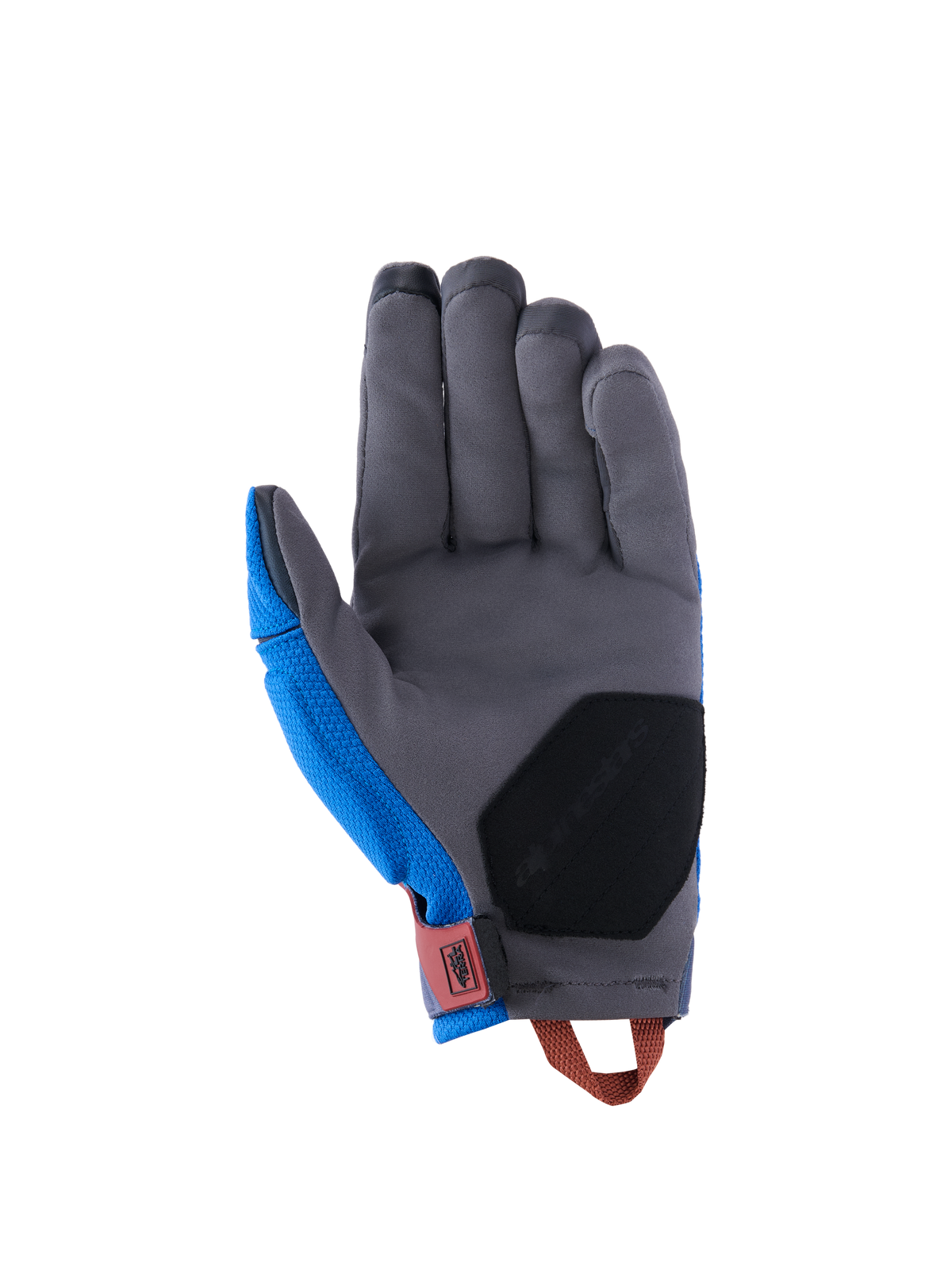 Alpinestars Durack Gloves, Adventure Motorcycle Gloves, Royal Blue and Deep Gray, palm view featuring gray synthetic suede construction, black reinforcement padding on the heel, red wrist tab, and orange pull loop.