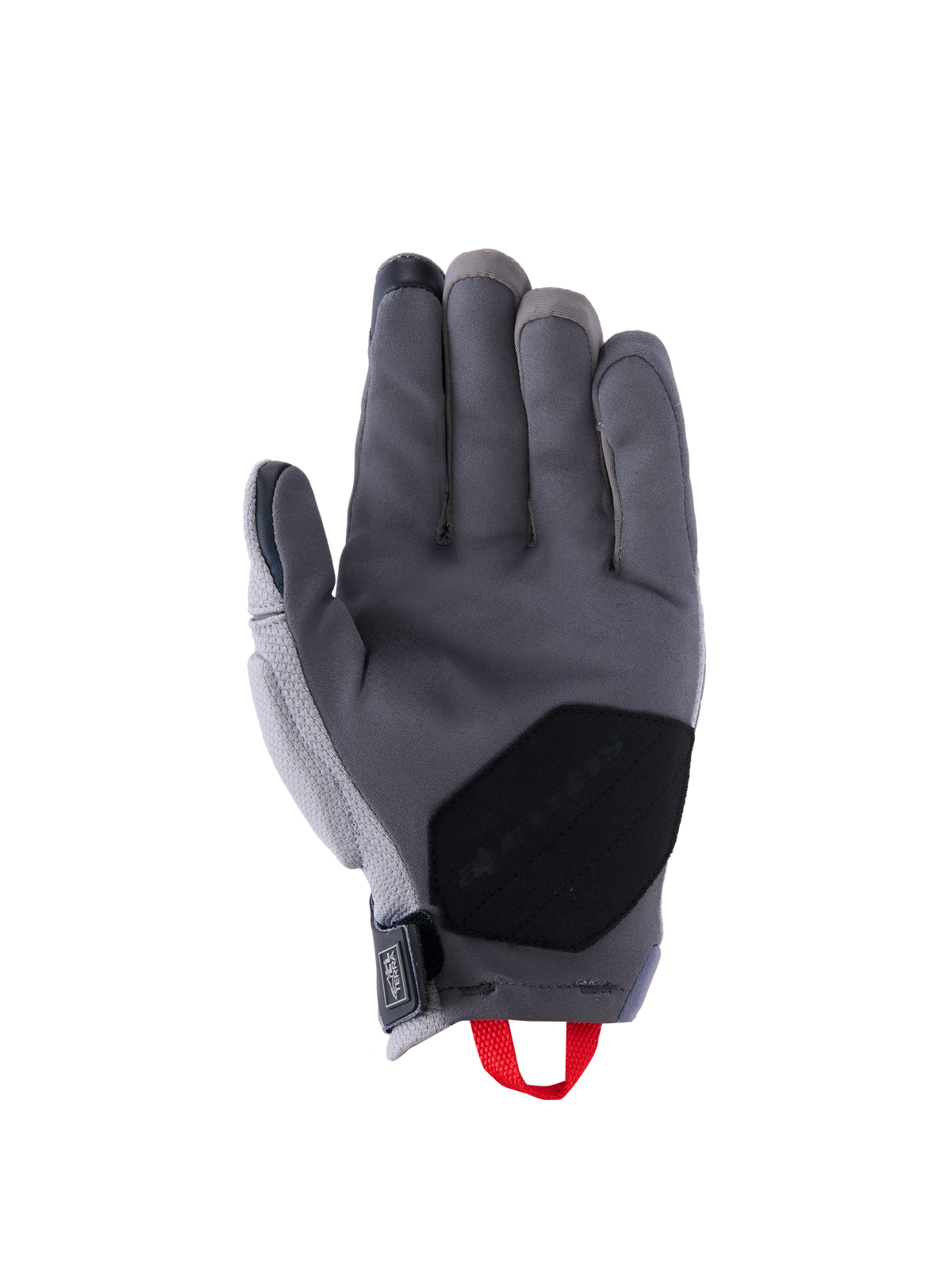 Luvas Alpinestars Durack, Luvas de Motociclismo, Cinzento Escuro e Cinzento Médio, vista da palma com construção em camurça sintética, reforço de palma preto, fita de puxar vermelha e fecho de pulso em neopreno, equipamento de aventura com punho curto