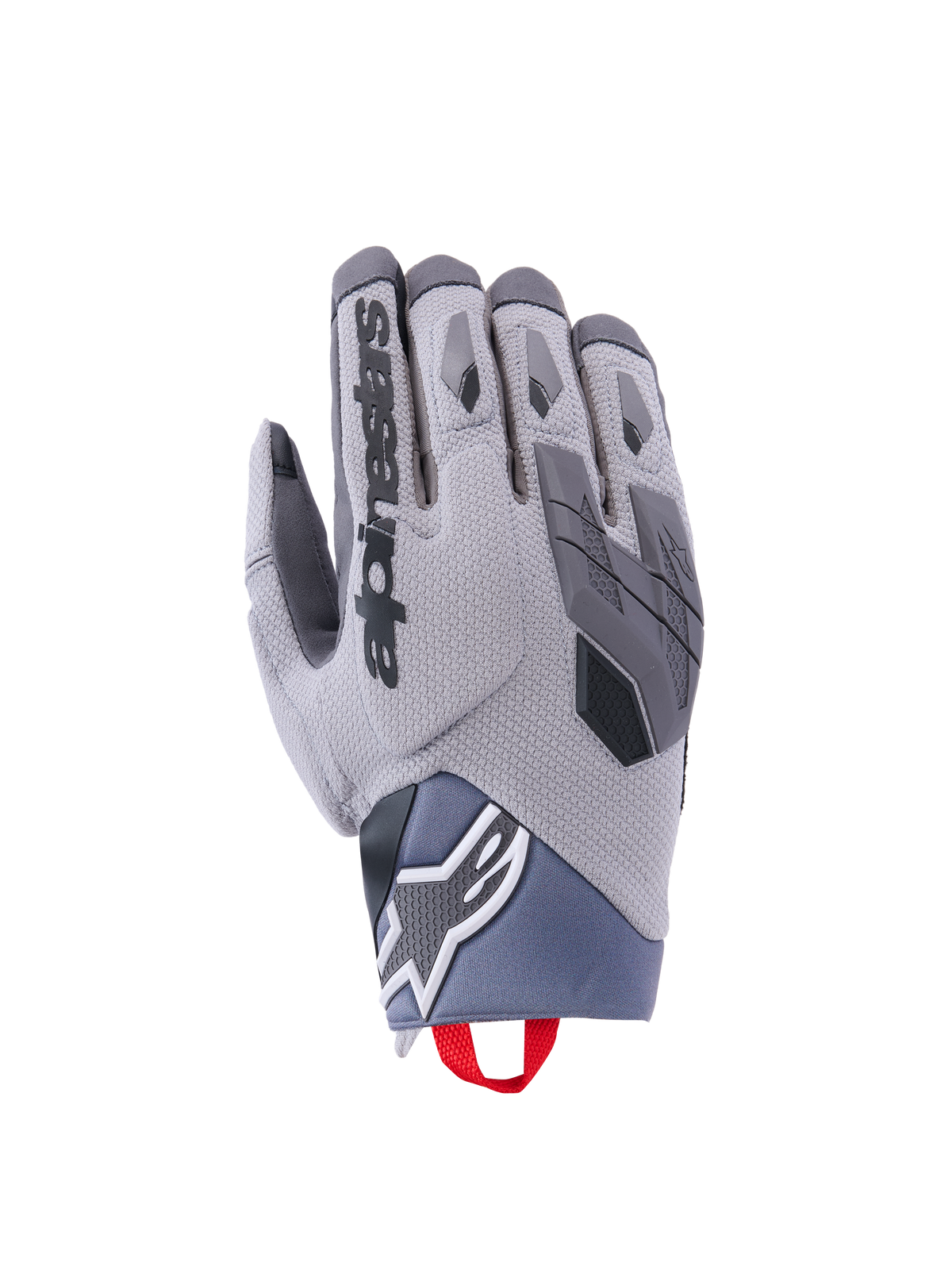 Luvas Alpinestars Durack, luvas de motociclismo, cinzento escuro e cinzento médio, dorso em spandex texturizado, proteção TPR nos nós dos dedos, logótipo Alpinestars no pulso, aba vermelha, equipamento moderno para condução de aventura