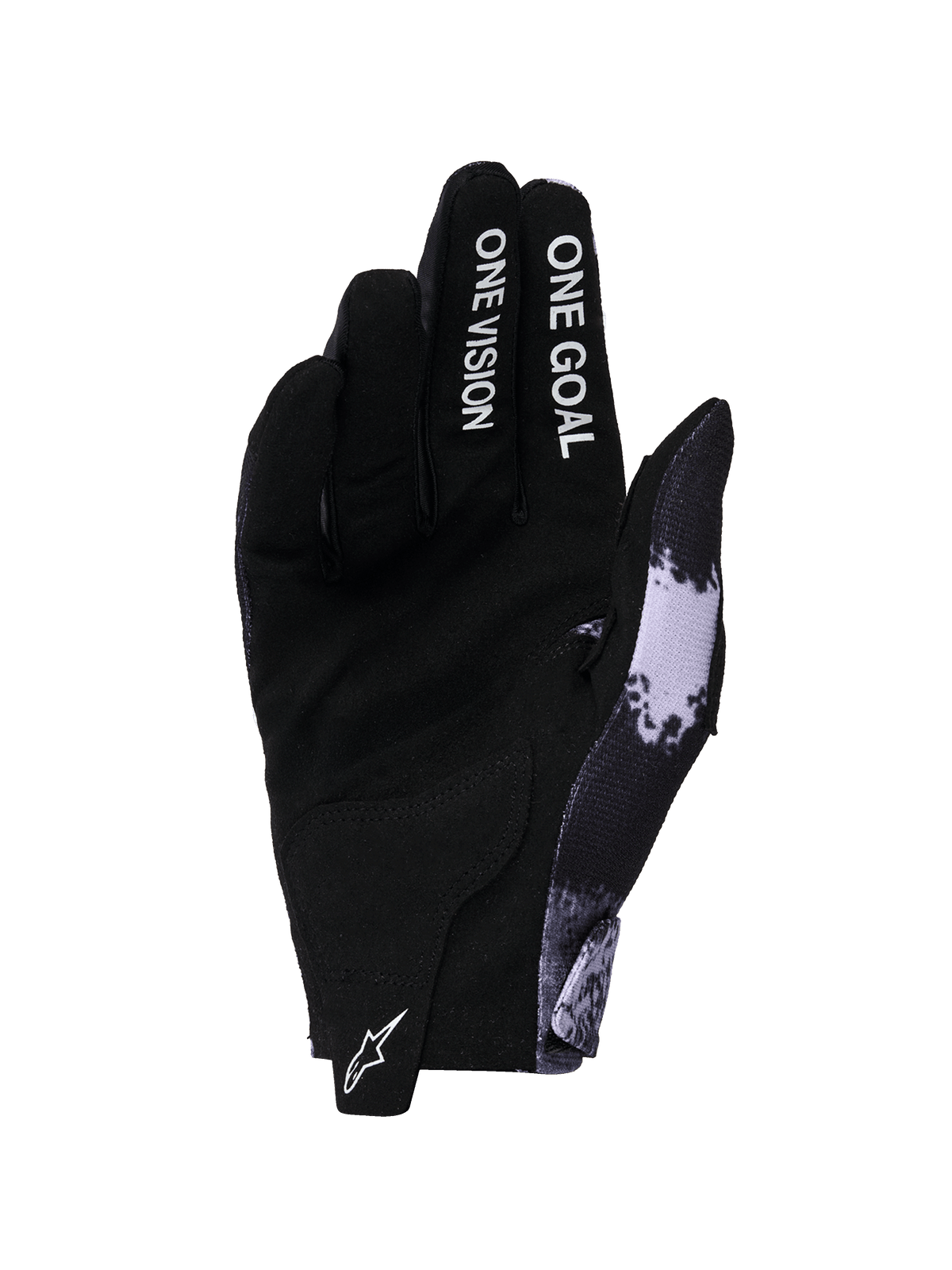 Luvas Alpinestars Radar 2026, luvas de motocross, Iron Camo e preto, vista da palma com construção em camurça sintética, texto 'ONE GOAL ONE VISION' nos dedos, logótipo Astars branco na aba de puxar, design de performance para todo-o-terreno