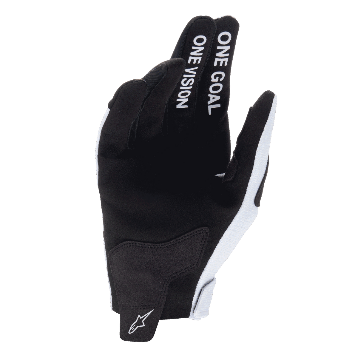 Luvas Alpinestars 2025 Radar, luvas de motocross, cinza Haze e preto, vista da palma em material de camurça sintética, texto 'ONE GOAL ONE VISION' nos dedos indicador e médio, logótipo branco no puxador do pulso, design durável para competição todo-o-terreno
