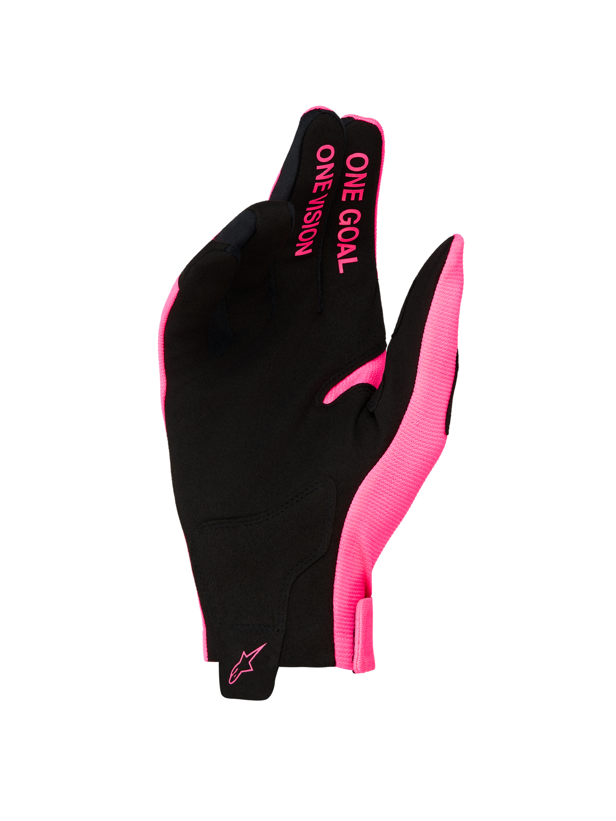 Alpinestars Radar Gloves 2027, Men's Pink and Black Motocross Gloves, synthetic suede palm, ONE GOAL ONE VISION slogan.