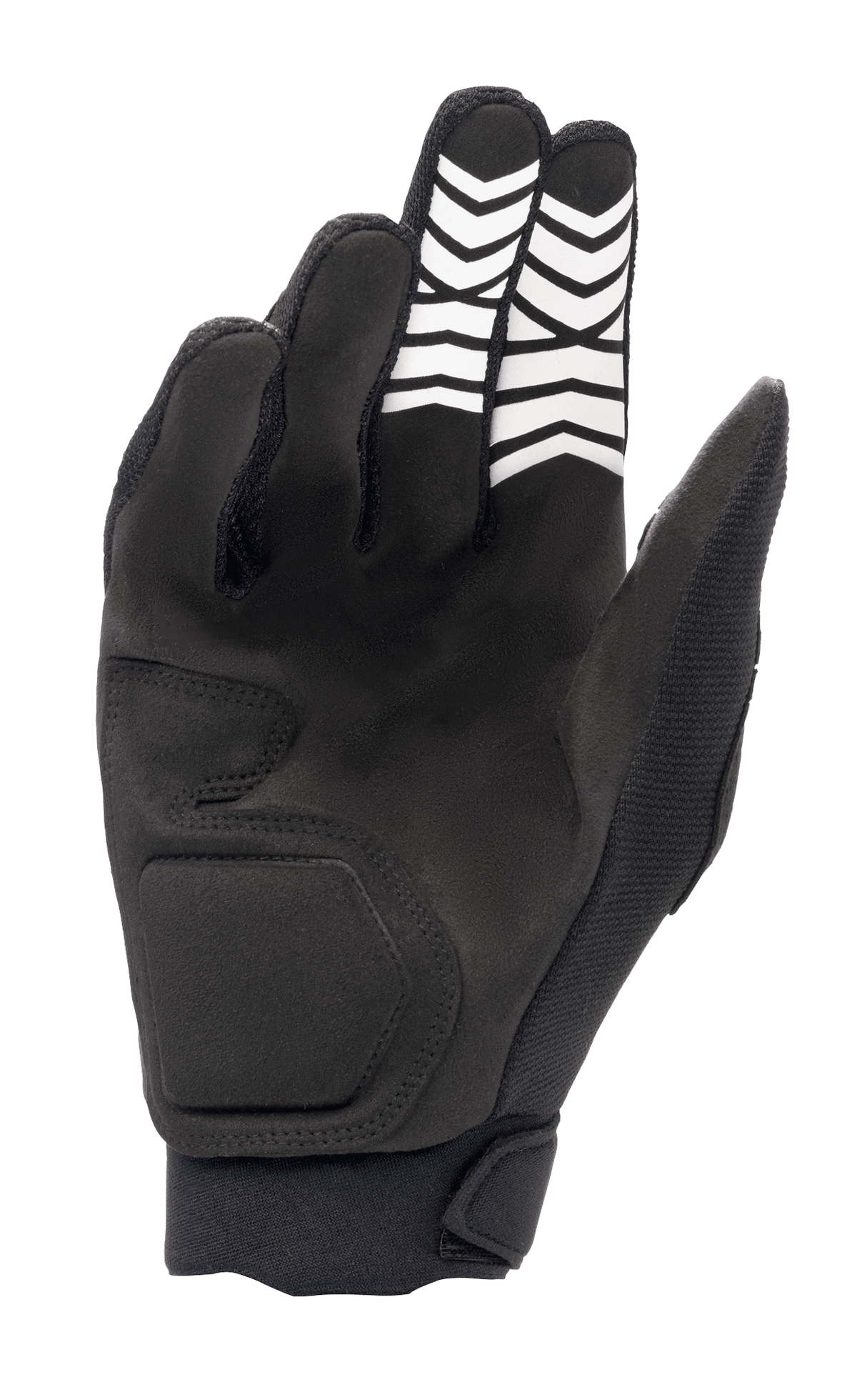 Luvas Alpinestars Full Bore XT, pretas, vista da palma mostrando a construção em camurça sintética com padrões de aderência chevron brancos nos dedos e fecho de pulso ergonómico, concebidas para Enduro e todo-o-terreno