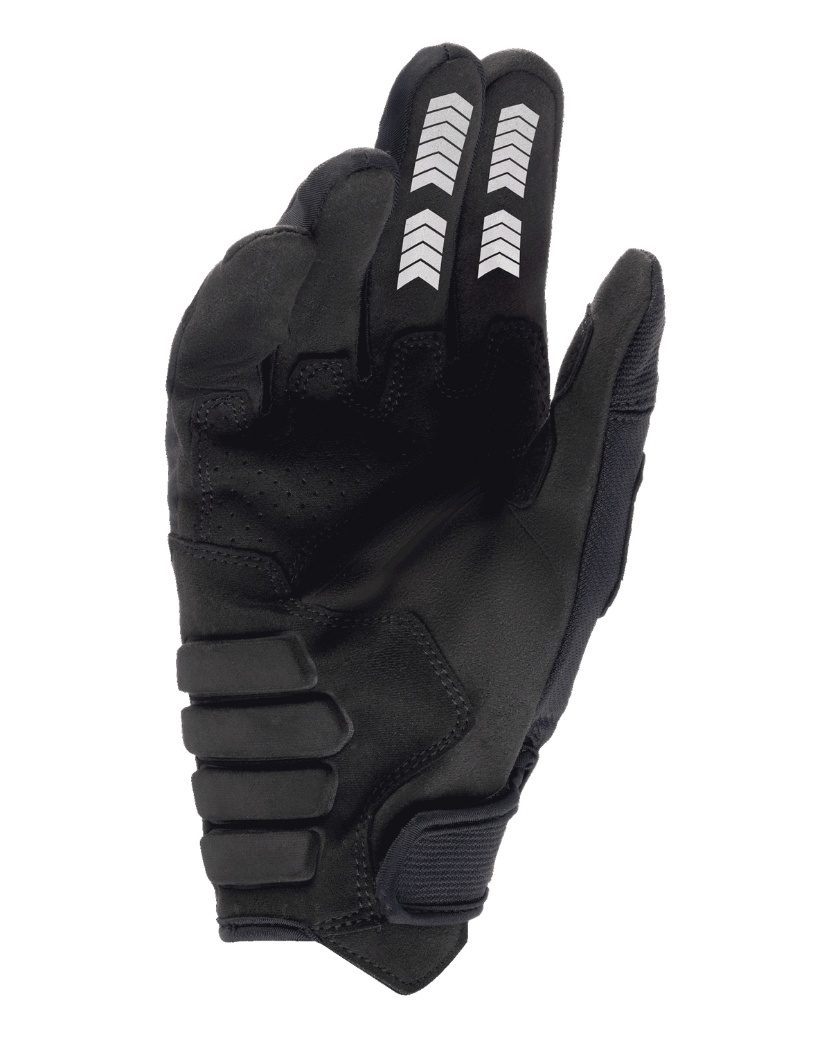 Luvas Alpinestars Techdura, luvas de enduro, pretas, vista da palma com construção em camurça sintética, grafismos em chevron brancos nos dedos indicador e médio, palma reforçada e acolchoada, e fecho de gancho e laço no punho
