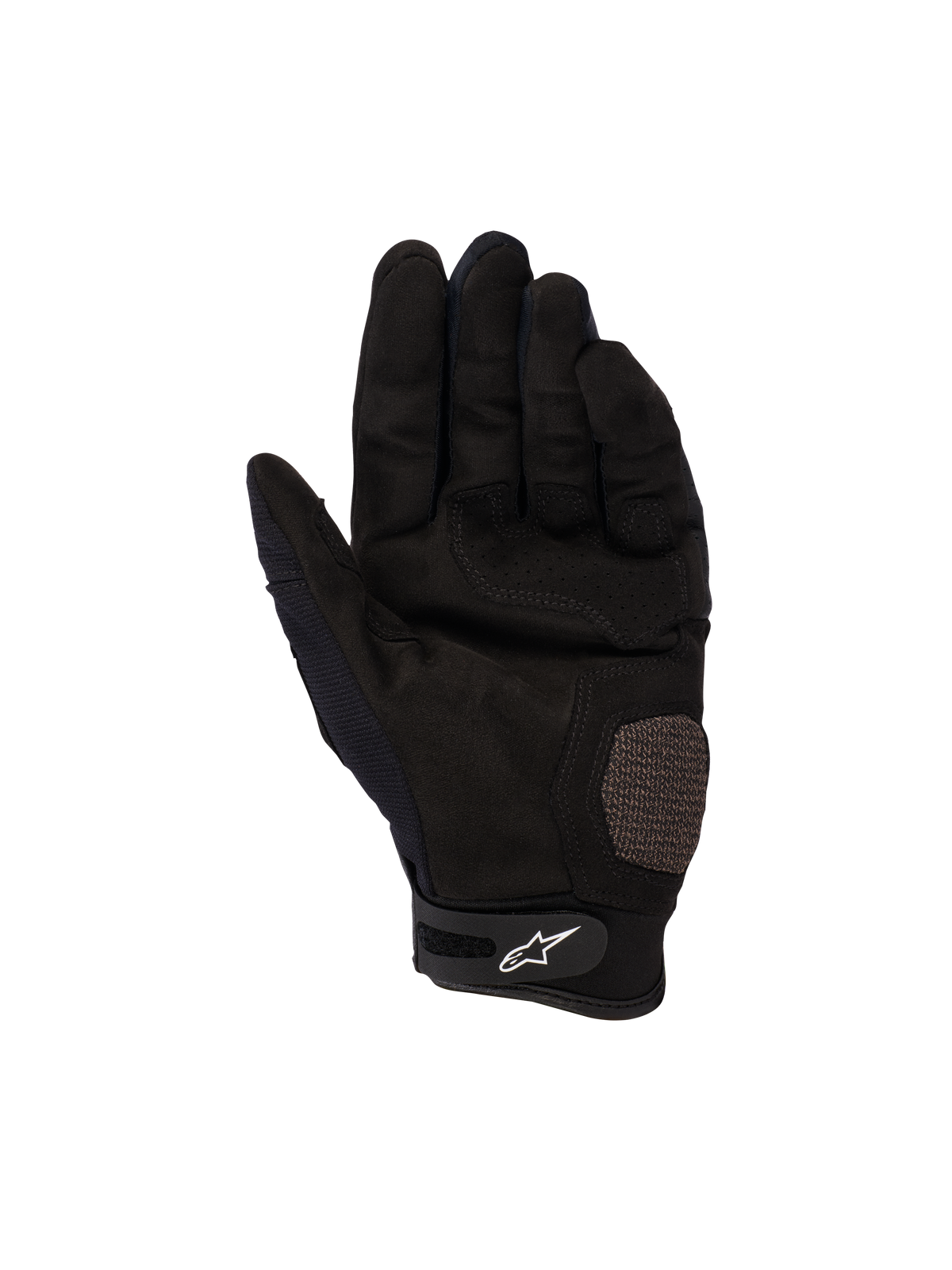 Luvas Alpinestars Megawatt V2, luvas de motocross e enduro, pretas, vista da palma com secções reforçadas na palma e no polegar, textura perfurada para ventilação, tira de velcro no pulso com logótipo Alpinestars branco