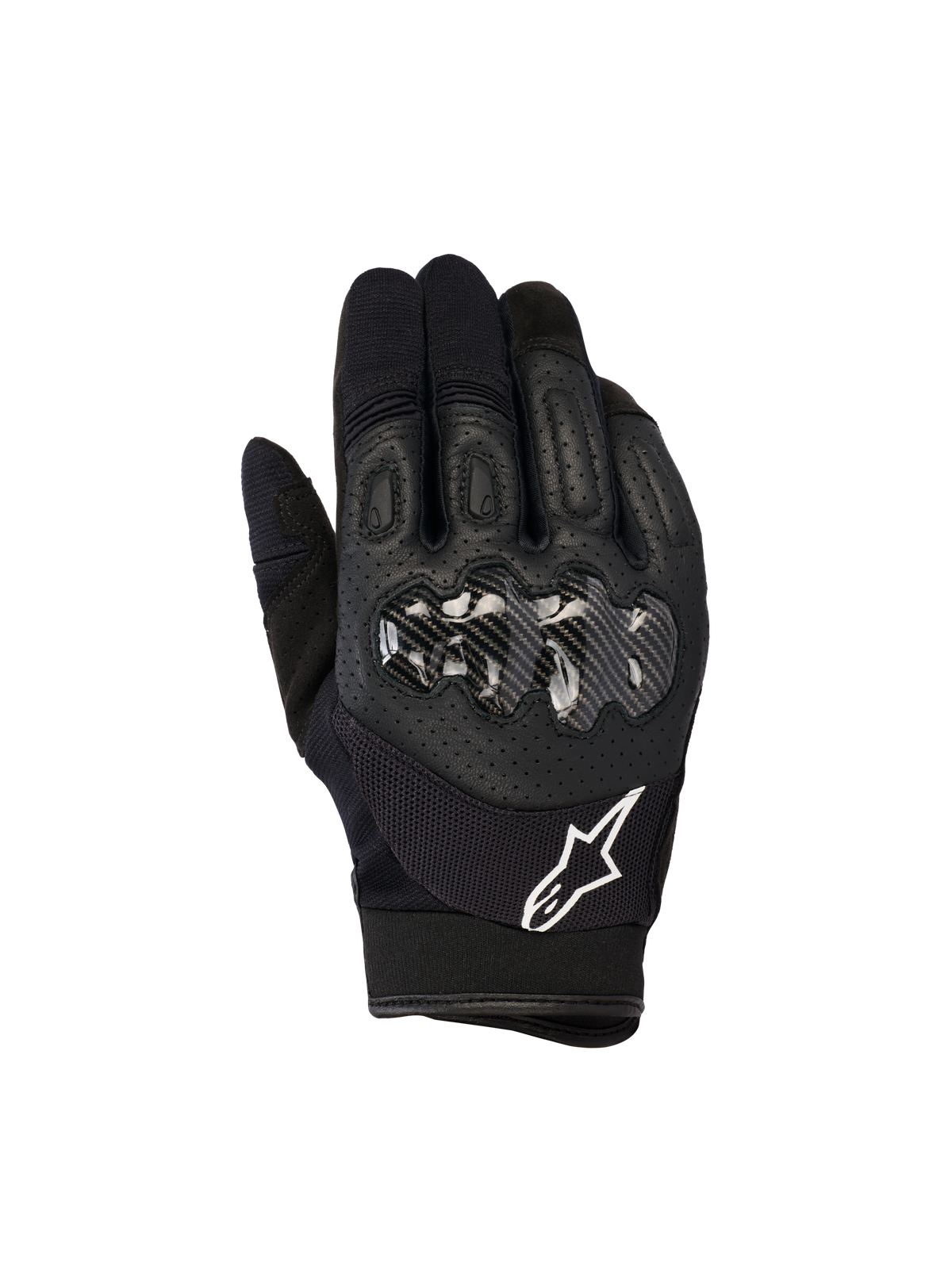 Luvas Alpinestars Megawatt V2, luvas de motocross e enduro, pretas, com protetor rígido das articulações com acabamento tipo carbono, dorso da mão em pele perfurada para respirabilidade, logótipo Alpinestars branco no punho, proteção durável para todo-o-terreno