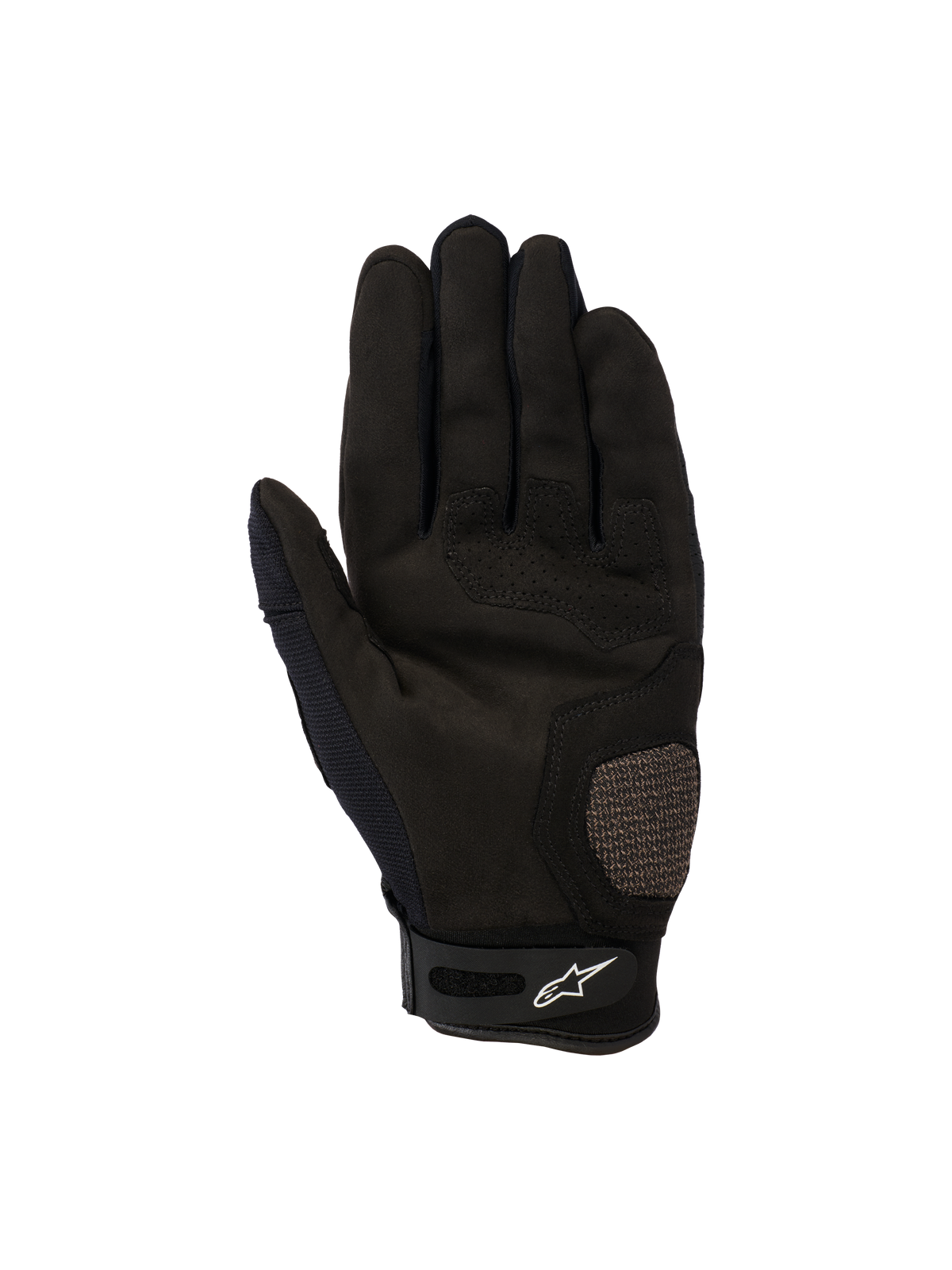 Alpinestars Megawatt V2 Gloves, Motocross and Enduro Gloves, Black, palm view featuring reinforced thumb and palm areas, perforated details for airflow, and a velcro wrist closure with the Alpinestars logo.