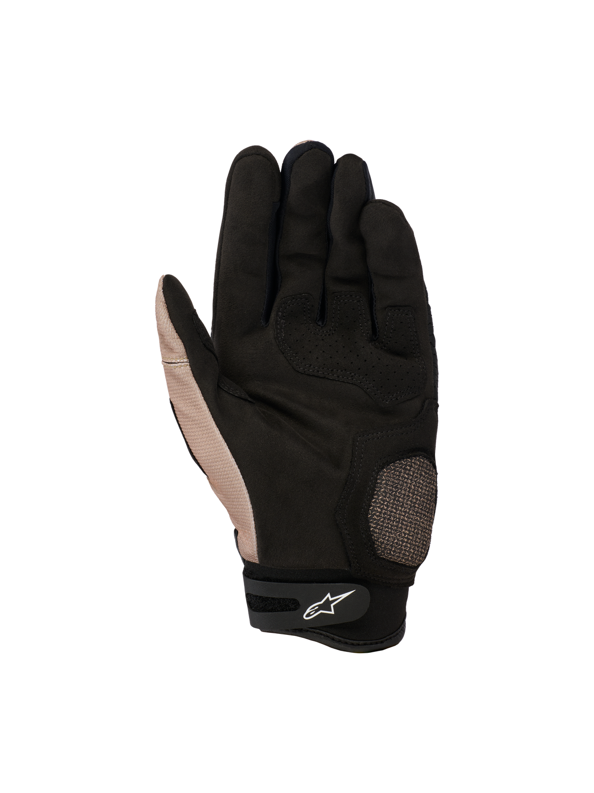 Luvas Alpinestars Megawatt V2, luvas de motocross off-road, Stone Black, vista da palma destacando a área reforçada do polegar e da palma, aderência texturizada e ajuste de pulso em Velcro com o logótipo branco da Alpinestars