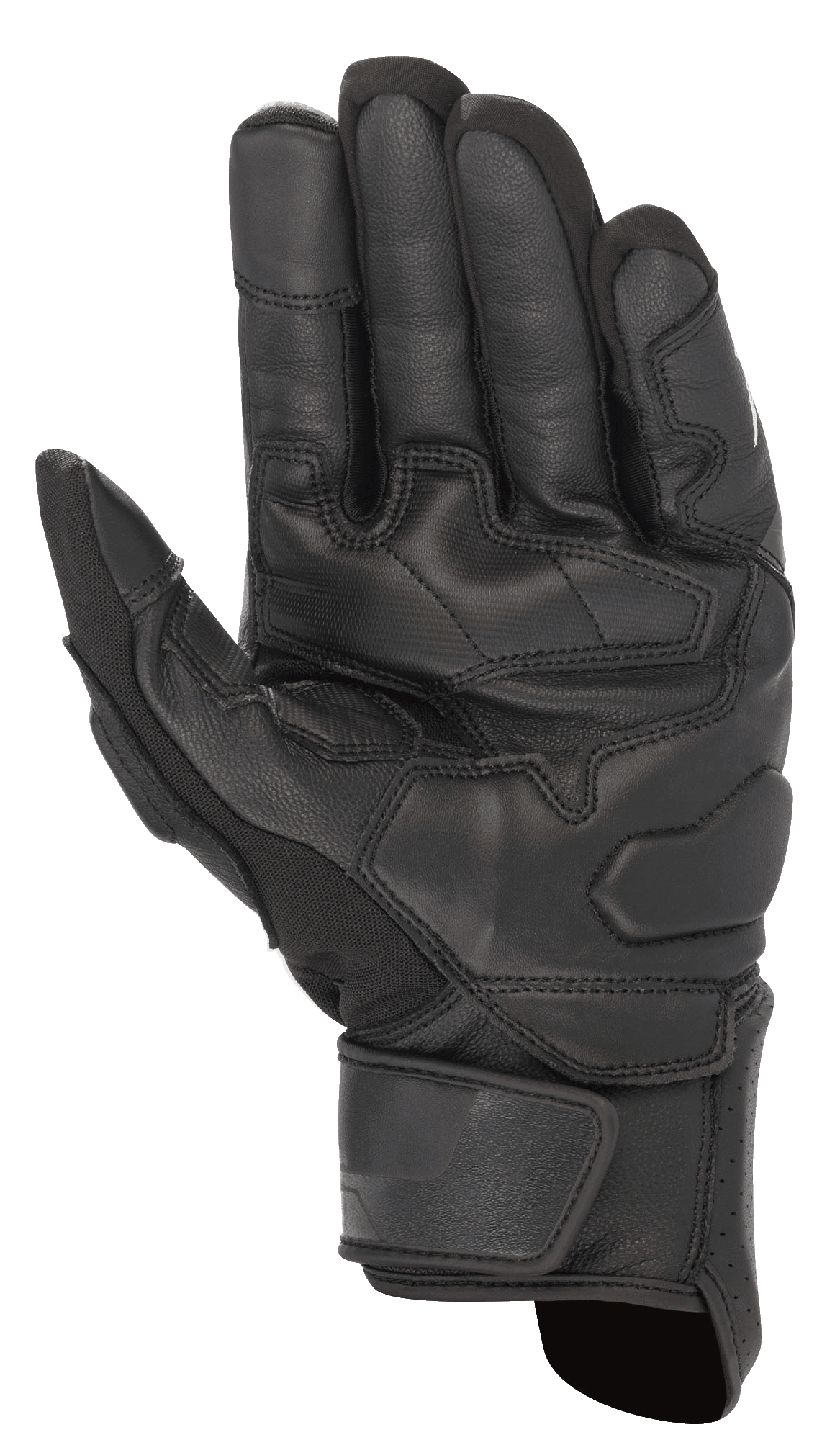 Luvas Booster V2 Alpinestars, pretas, vista da palma da luva de motociclismo mostrando a construção em couro durável, painéis de aderência reforçados na palma e no polegar, e tira de ajuste no pulso