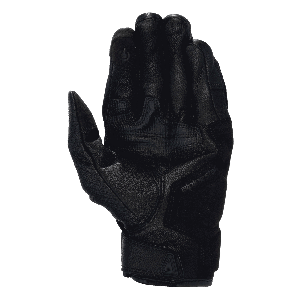 Alpinestars Celer V3, luvas de moto para homem, pretas, em couro de cabra, vista da palma com dedo para ecrã tátil.