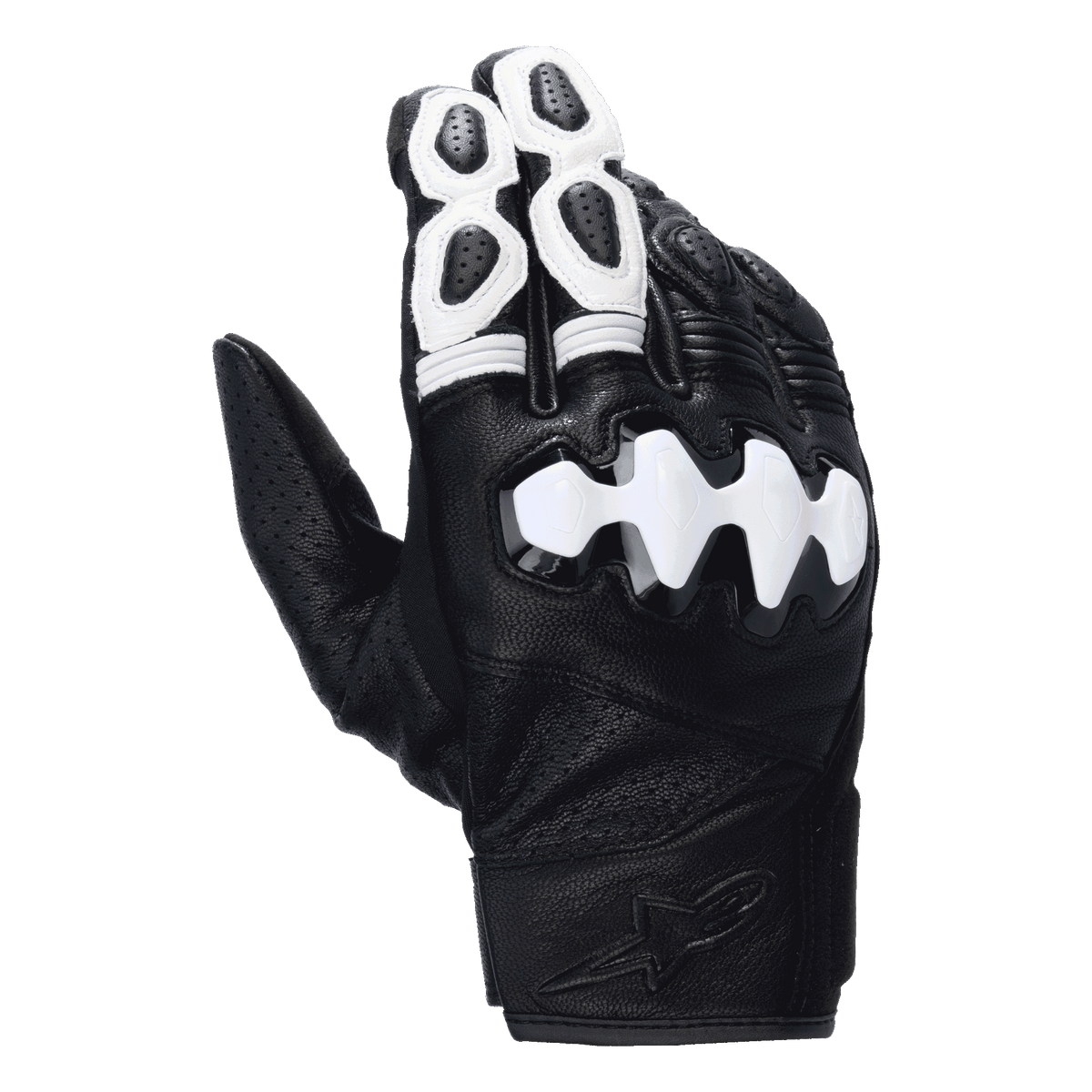 Alpinestars Celer V3, luvas de moto de punho curto, pretas e brancas, couro de cabra e proteção segmentada nos nós dos dedos.