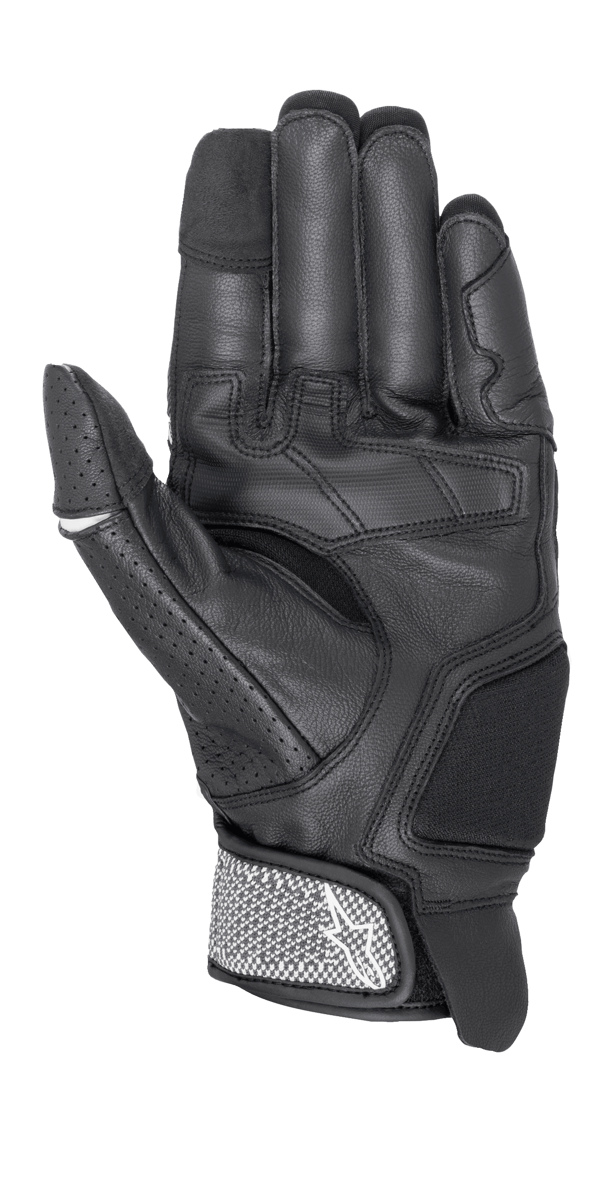Luvas Morph Sport Alpinestars, luvas de motociclismo, pretas e brancas, vista da palma com painéis reforçados, polegar perfurado e tira de pulso texturizada com logótipo Alpinestars