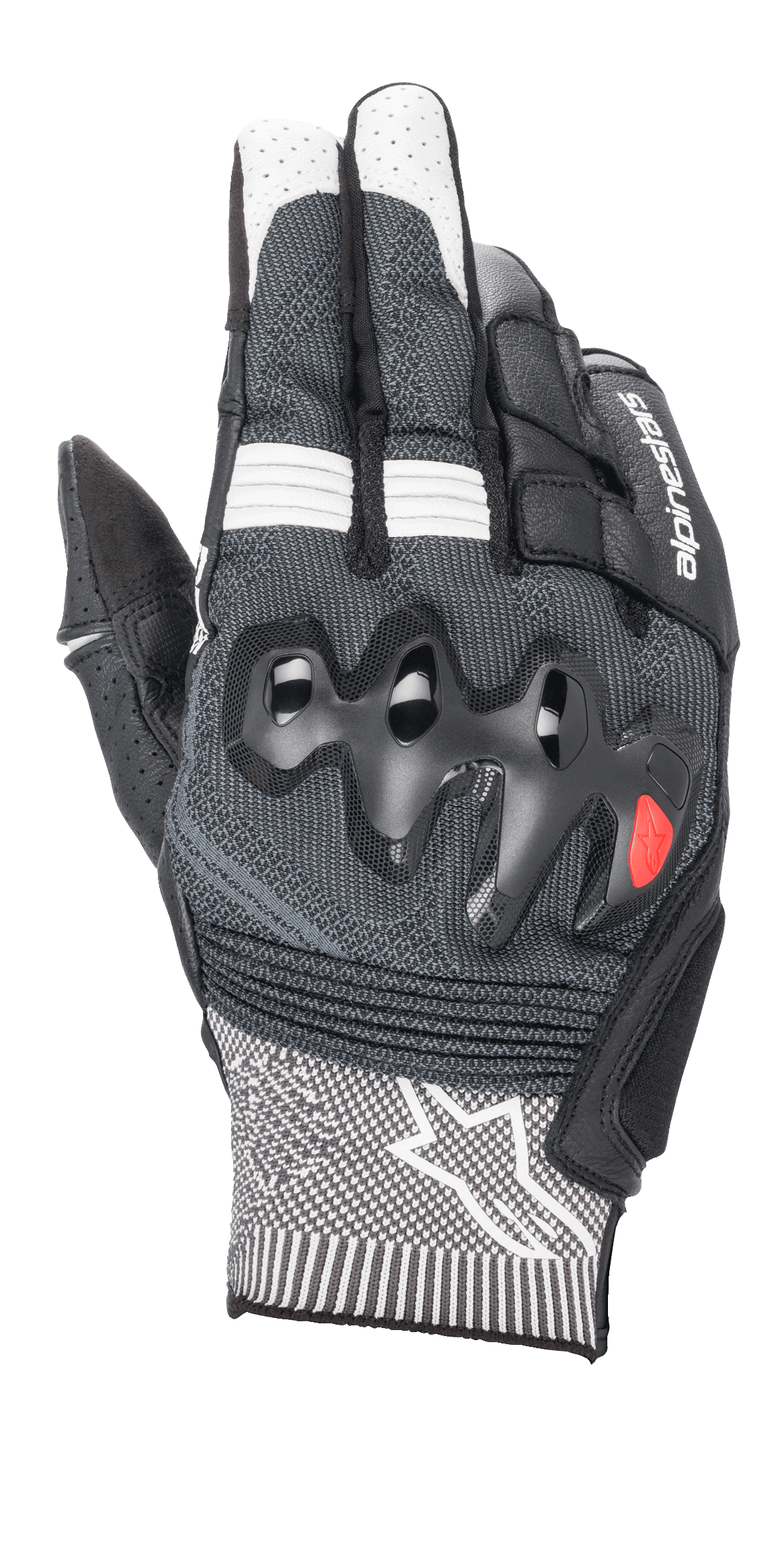 Luvas Alpinestars Morph Sport, luvas de motociclismo, pretas e brancas, com dorso em MorphTech Weave cinzento, proteção de articulação sobre-injetada, insertos RIDEKNIT e logótipo de estrela branca no punho