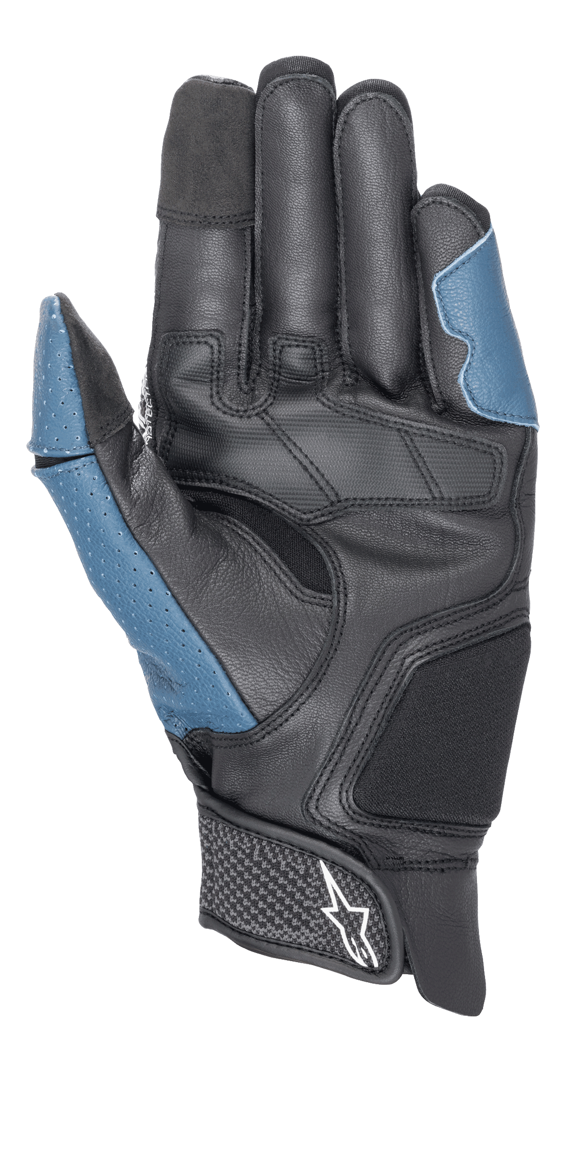 Luvas Alpinestars Morph Sport, vista da palma, Preto e Azul Sodalite, com palma em pele reforçada, painéis azuis perfurados no polegar e na lateral exterior, punho curto com tira de velcro e logótipo Alpinestars, equipamento de performance para condução desportiva e de estrada