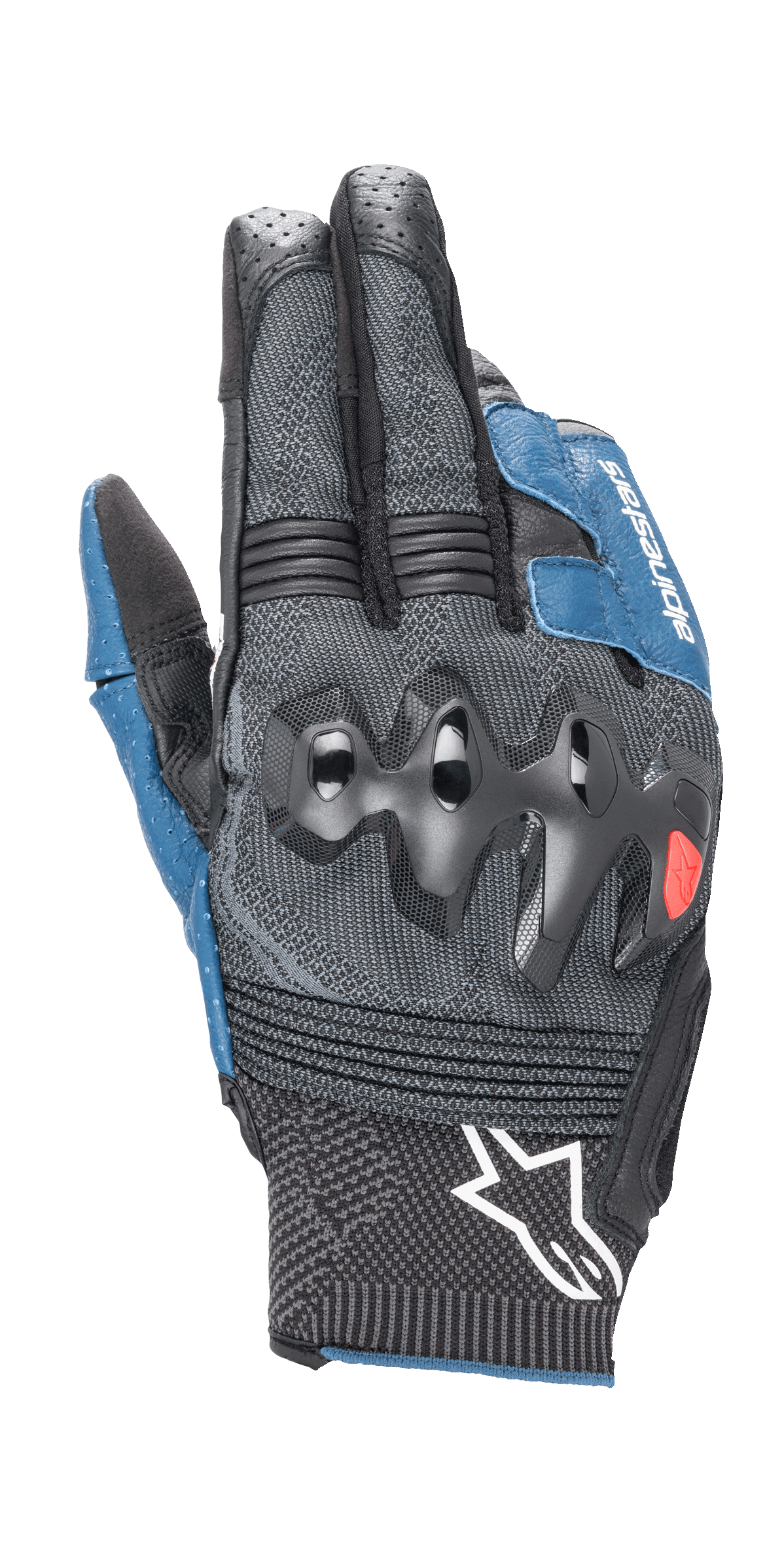Alpinestars Morph Sport Gloves, luvas de motociclismo, pretas e azul Sodalite, com proteções de nós dos dedos sobre-injetadas, dorso em MorphTech Weave com inserções RIDEKNIT, logótipo de estrela branco no punho, tecido técnico texturizado para condução em estrada