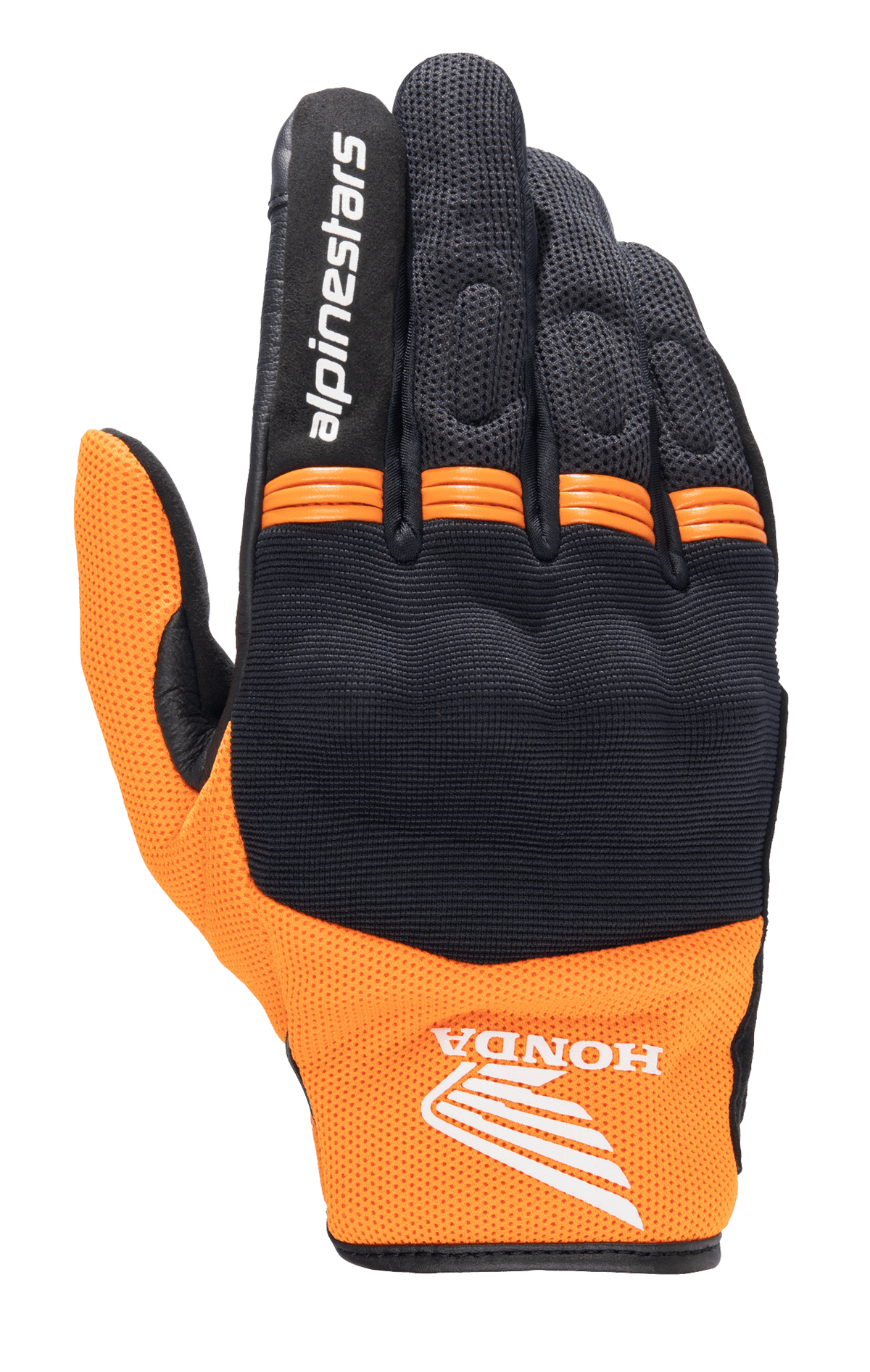Alpinestars Honda Copper Glove, luva de motociclismo urbana leve, preto e laranja, com o logótipo da asa da Honda no pulso, texto Alpinestars no dedo indicador, construção em malha e painéis em acordeão cor de laranja nos nós dos dedos