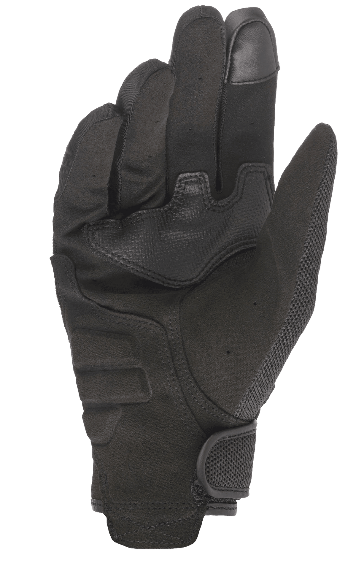 Alpinestars Copper Gloves, Urban Motorcycle Gloves, Black, palm side view showing synthetic suede construction, reinforced palm padding, touchscreen compatible index finger, and mesh details with a hook and loop wrist closure.