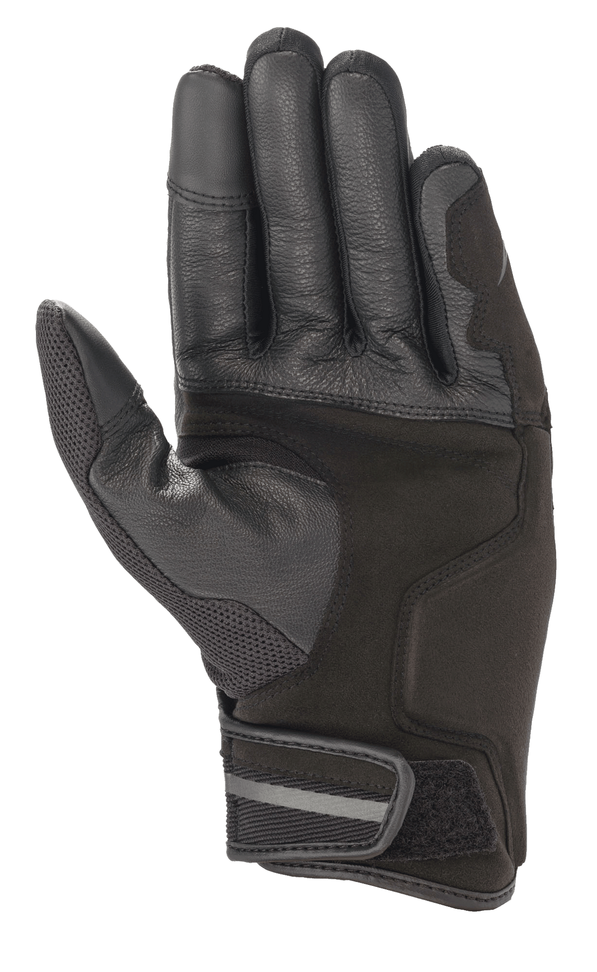 Luvas Alpinestars Chrome, luvas de motociclismo, cor Black Forest, vista da palma com construção em couro reforçado e camurça sintética, painel do polegar em malha e punho curto com fecho de velcro ajustável e detalhe refletor