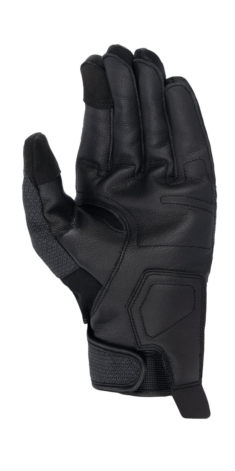 Luvas Alpinestars Morph Street, Pretas, vista da palma de luva de motociclismo de punho curto mostrando a palma em pele texturizada, pontas dos dedos compatíveis com ecrã tátil e fecho de pulso ajustável, equipamento de condução urbana