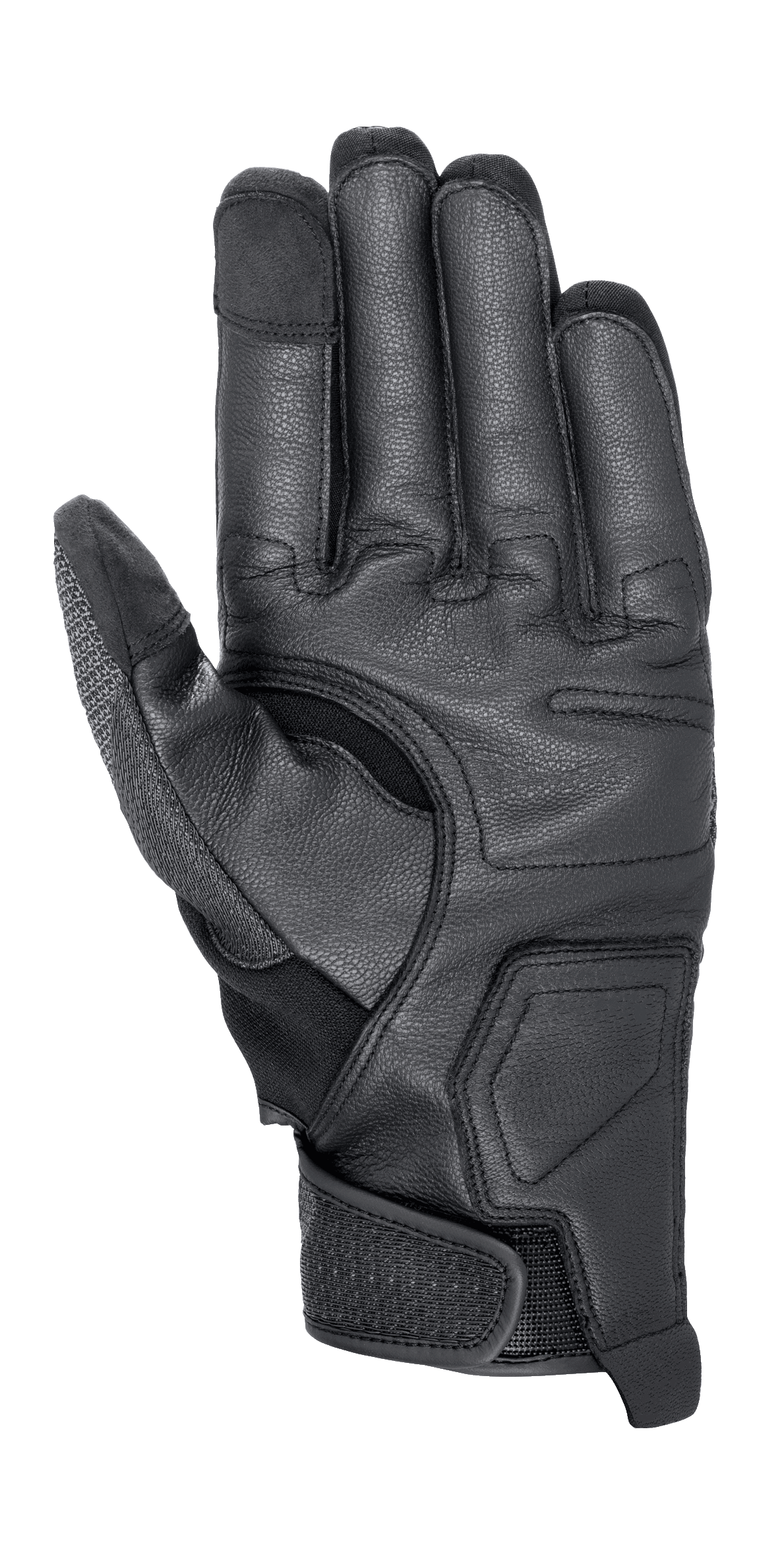 Luvas Alpinestars Morph Street, luvas de motociclismo, pretas, vista da palma com painéis de proteção reforçados, pontas dos dedos compatíveis com ecrãs táteis e tira de ajuste no pulso para um ajuste seguro