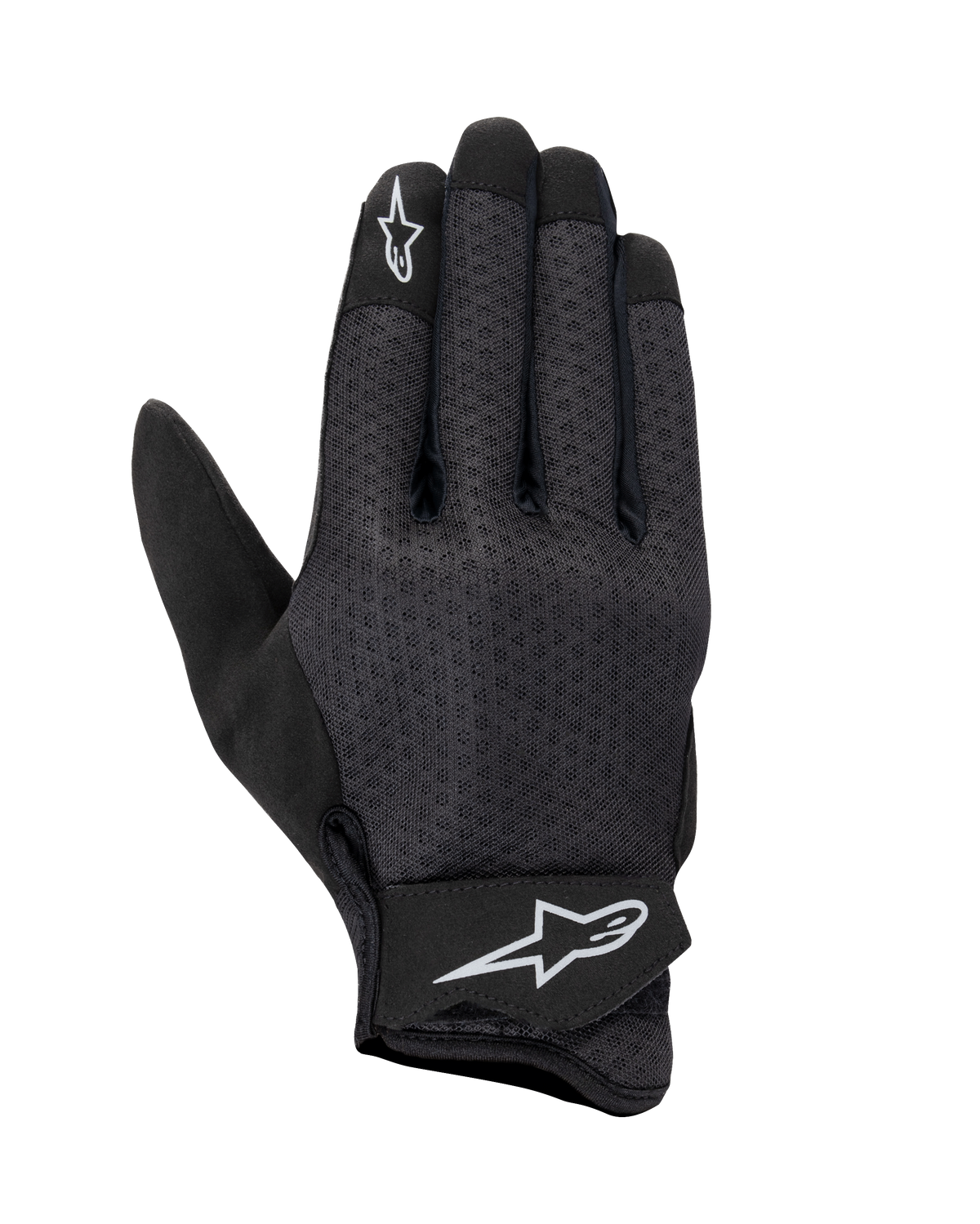 Alpinestars Stated Air Gloves, luvas de motociclismo pretas, dorso em malha para máxima ventilação, logótipos de estrela brancos no dedo indicador e na tira do pulso, fecho de velcro ajustável, material sintético leve, design urbano aerodinâmico