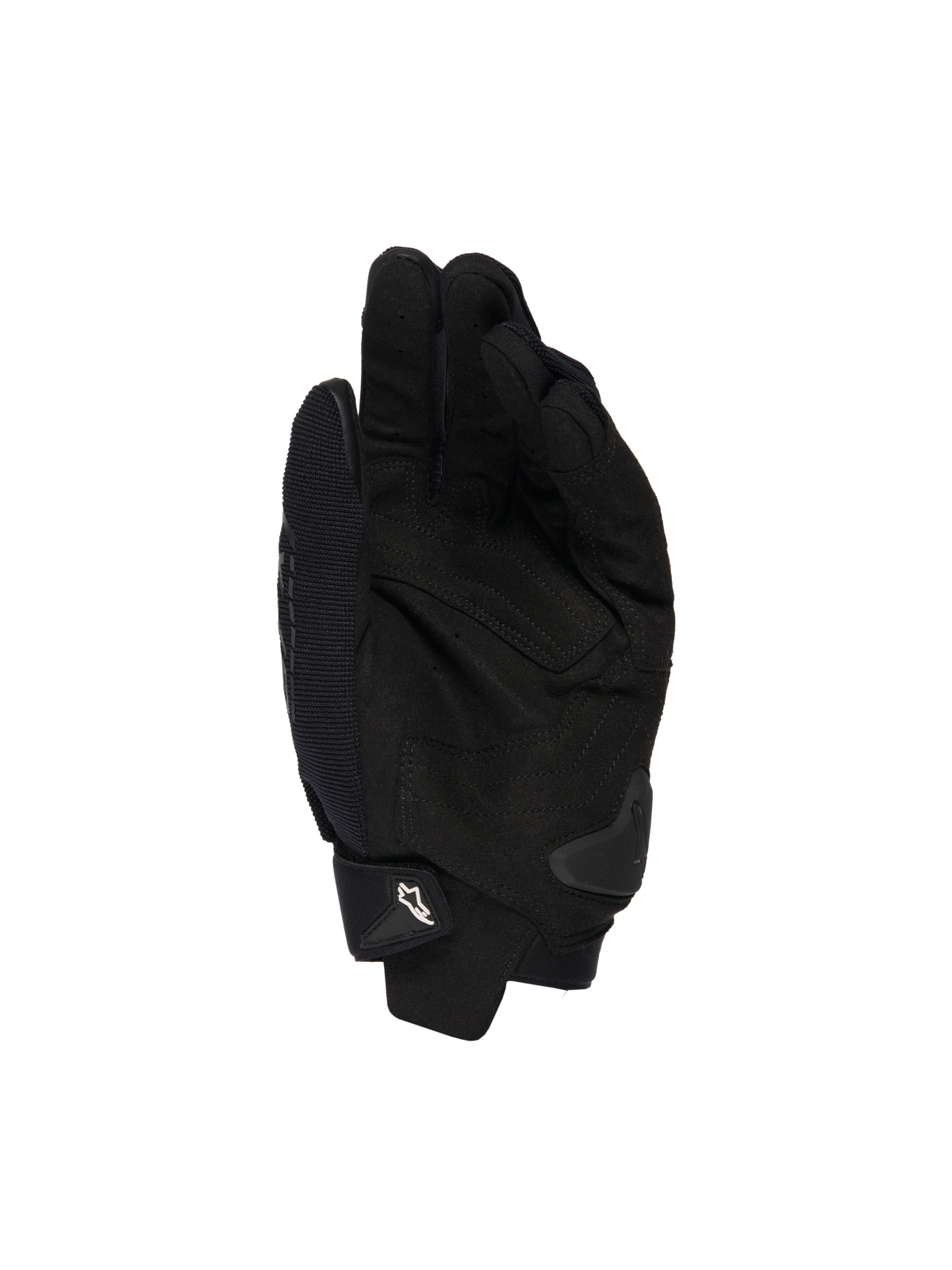 Luvas Alpinestars SP X 1, pretas, vista da palma mostrando construção em pele sintética para aderência, slider de palma em TPR para proteção contra impactos e punho ajustável com logótipo Alpinestars branco, equipamento desportivo para motociclismo