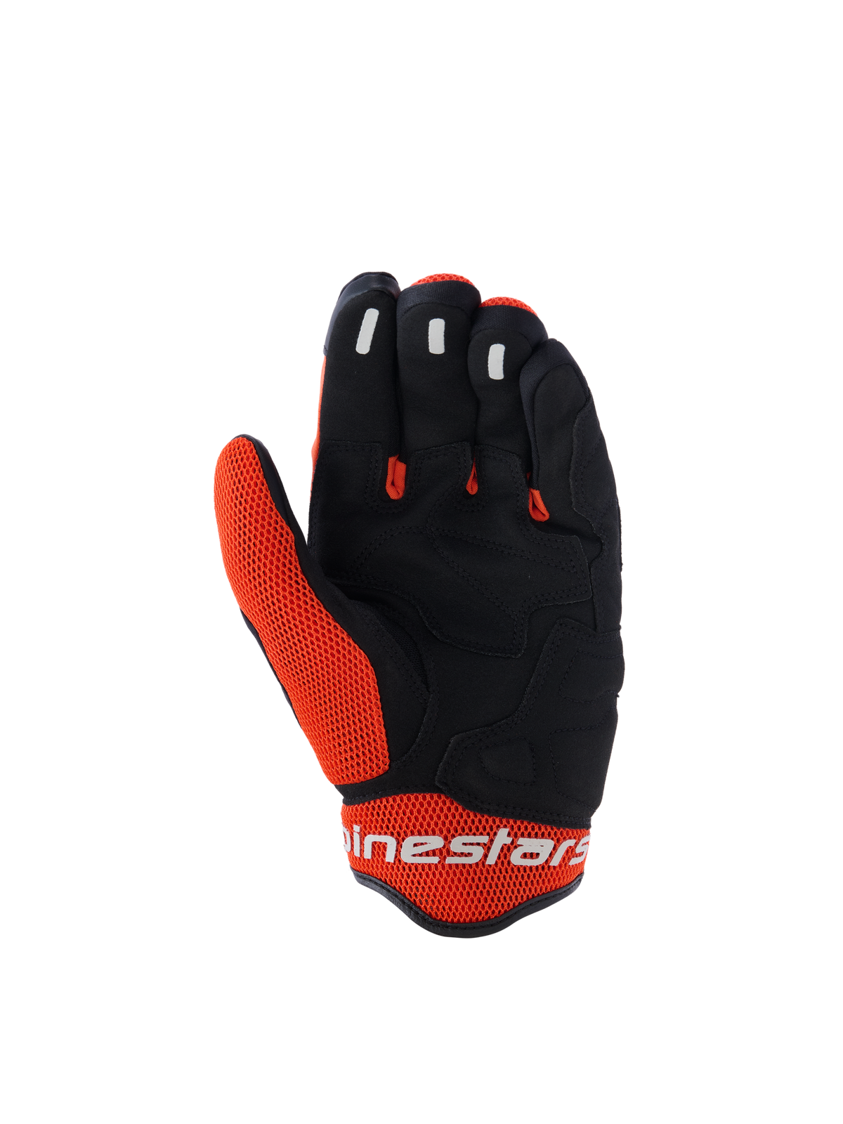 Alpinestars Mogress Airflow Gloves, Motorcycle Gloves, Black and Tangerine, palm view featuring black synthetic construction with orange mesh inserts, silicone grip on fingertips, white Alpinestars logo on the cuff, urban summer riding design