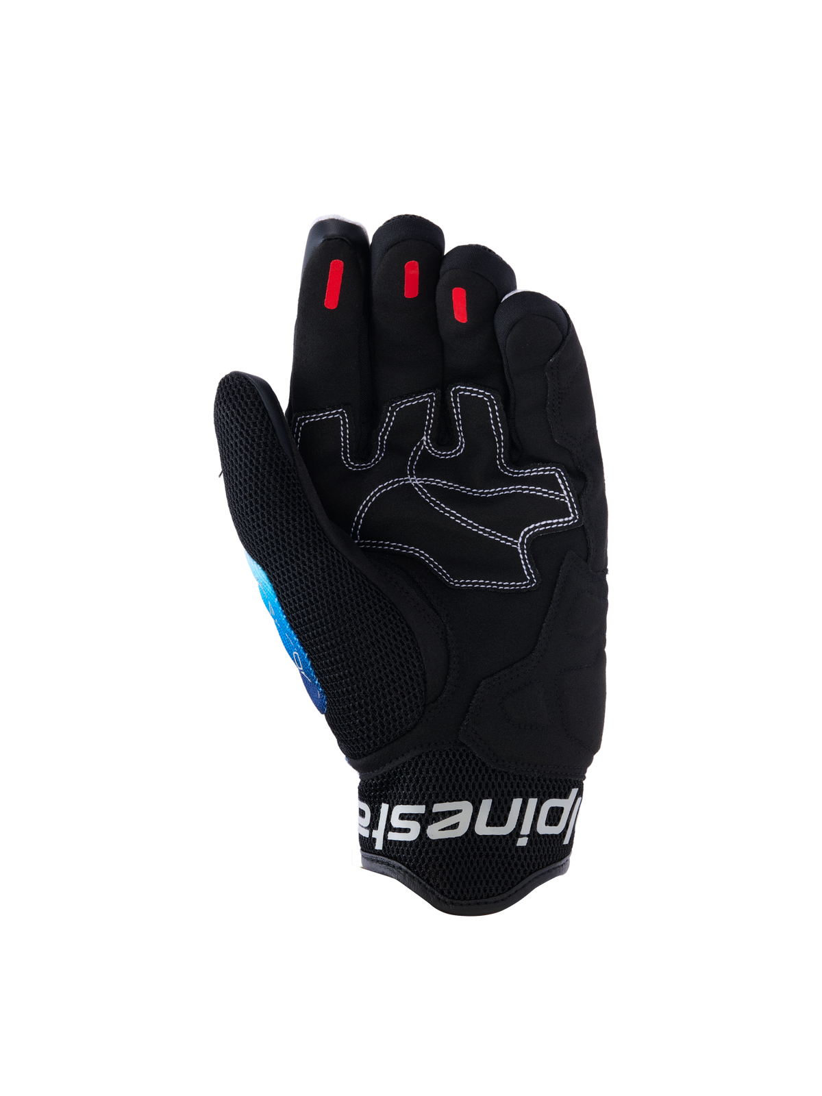 Alpinestars Mogress Airflow Gloves, Urban Motorcycle Gloves, Fading Blue Black, palm view featuring reinforced synthetic leather with white contrast stitching, red silicone grip inserts on fingertips, and black 3D mesh cuff with white logo branding.