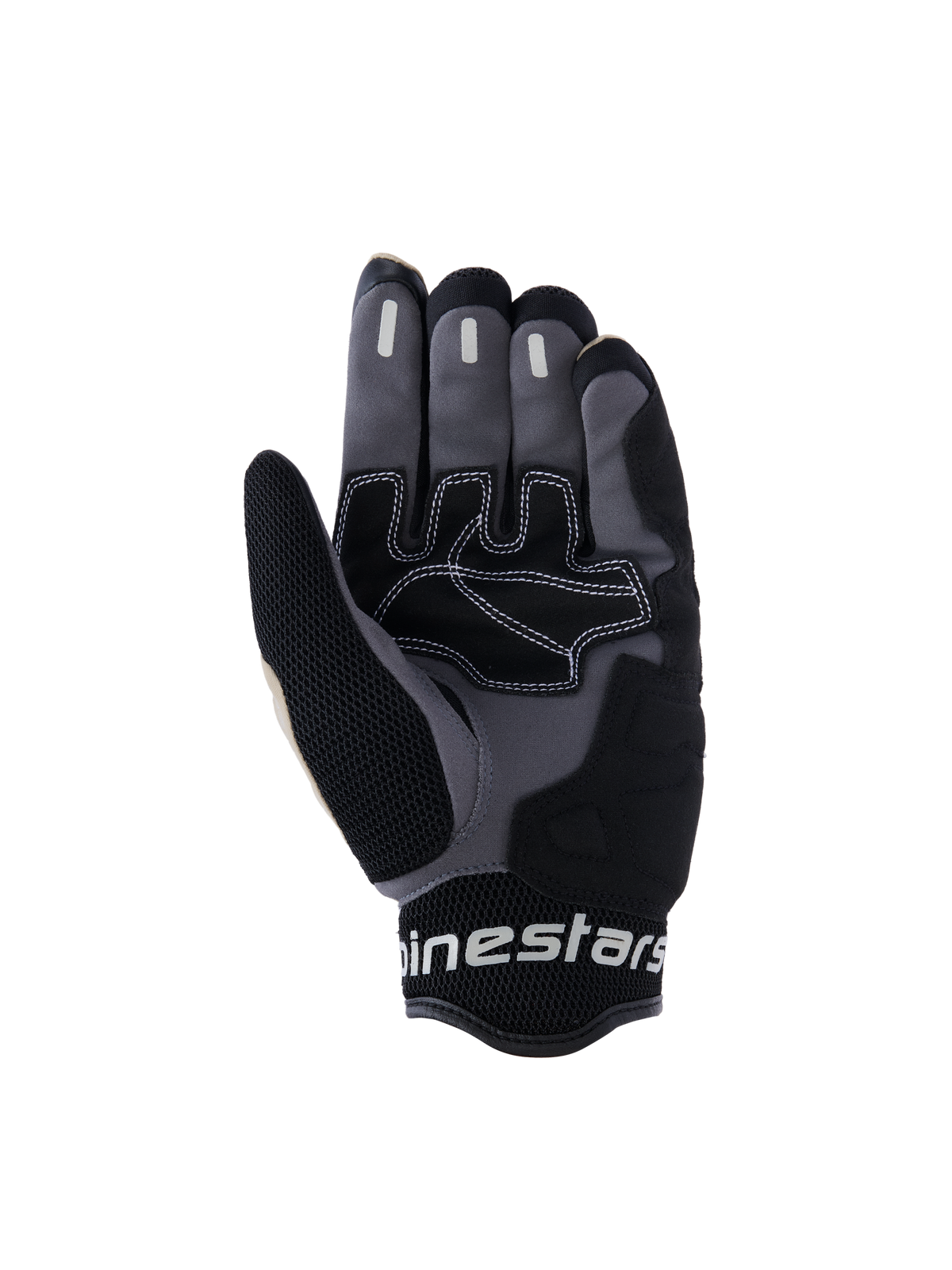 Luvas Alpinestars Mogress Airflow, luvas de motociclismo urbanas, preto alumínio e cinzento, vista da palma com reforços sintéticos e costuras de contraste brancas, zonas de aderência em silicone nos dedos e punho em malha 3D respirável com logótipo Alpinestars em branco.