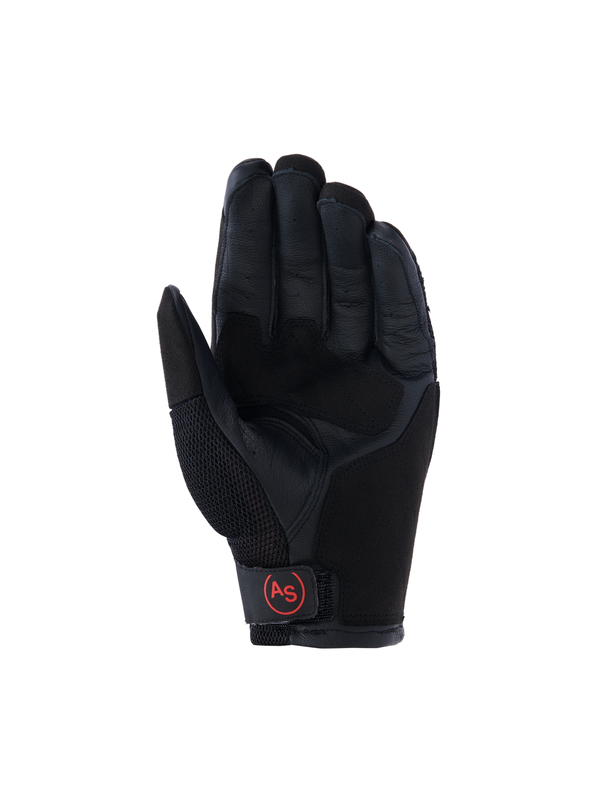 Luvas Alpinestars Manti Air, luvas de motociclismo de aventura, pretas, vista da palma com palma em pele reforçada, malha respirável no polegar e logótipo circular 'AS' vermelho no fecho do pulso