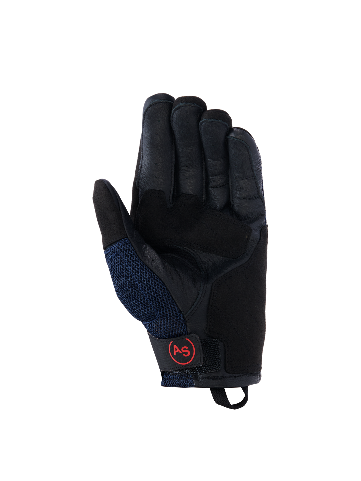 Luvas Alpinestars Manti Air, luvas de motociclismo, em azul escuro e preto, vista da palma em pele com dedos perfurados, painéis laterais em malha e logótipo circular AS vermelho na correia do pulso, equipamento de aventura