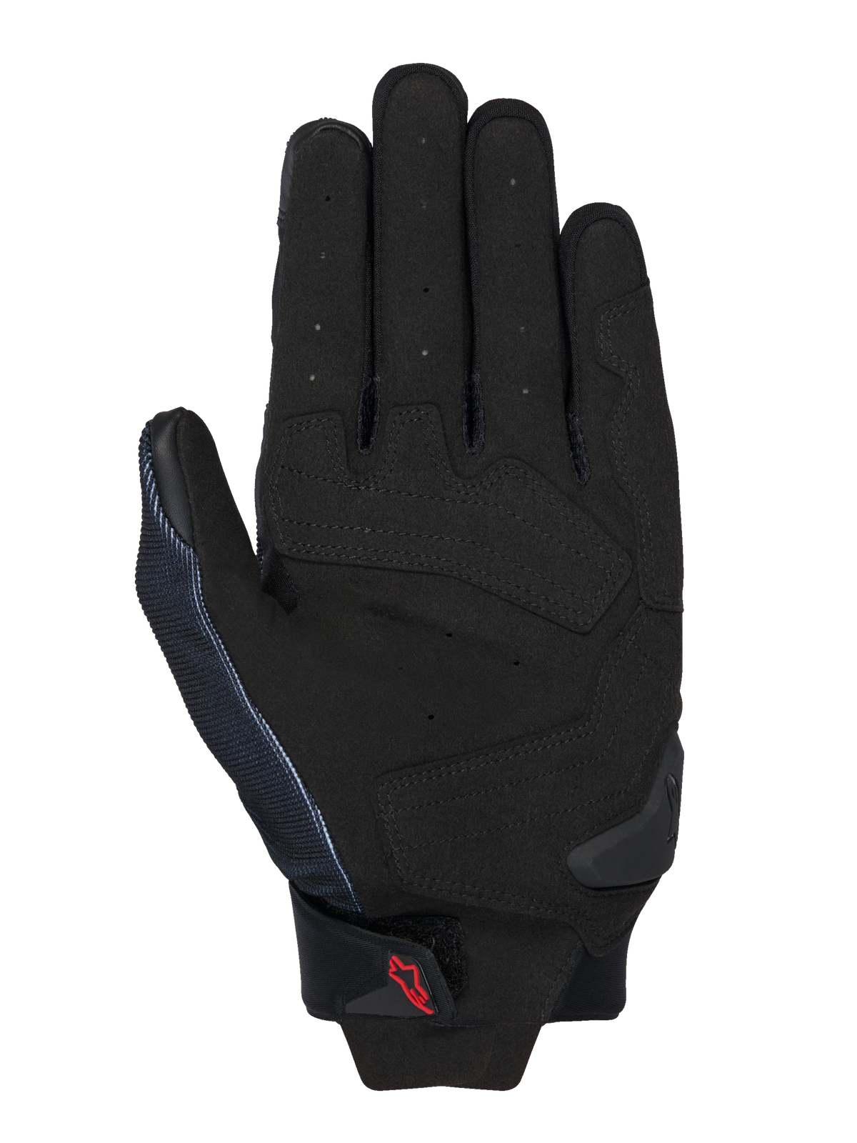 Luvas Alpinestars MM93 Spx 1, pretas, vista da palma mostrando a construção em couro sintético com zonas de impacto reforçadas, dedos perfurados para ventilação, slider de palma em TPR e um pequeno logótipo Alpinestars vermelho na tira do pulso.