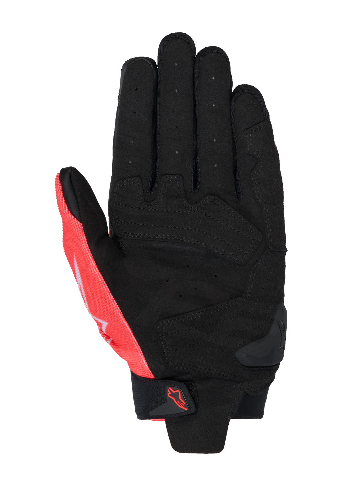Luvas Alpinestars MM93 SP X 1, vista da palma, Preto e Vermelho Fluo, construção em couro sintético com palma perfurada, secções reforçadas, deslizante TPR na palma e tira de velcro no pulso com logótipo Alpinestars.