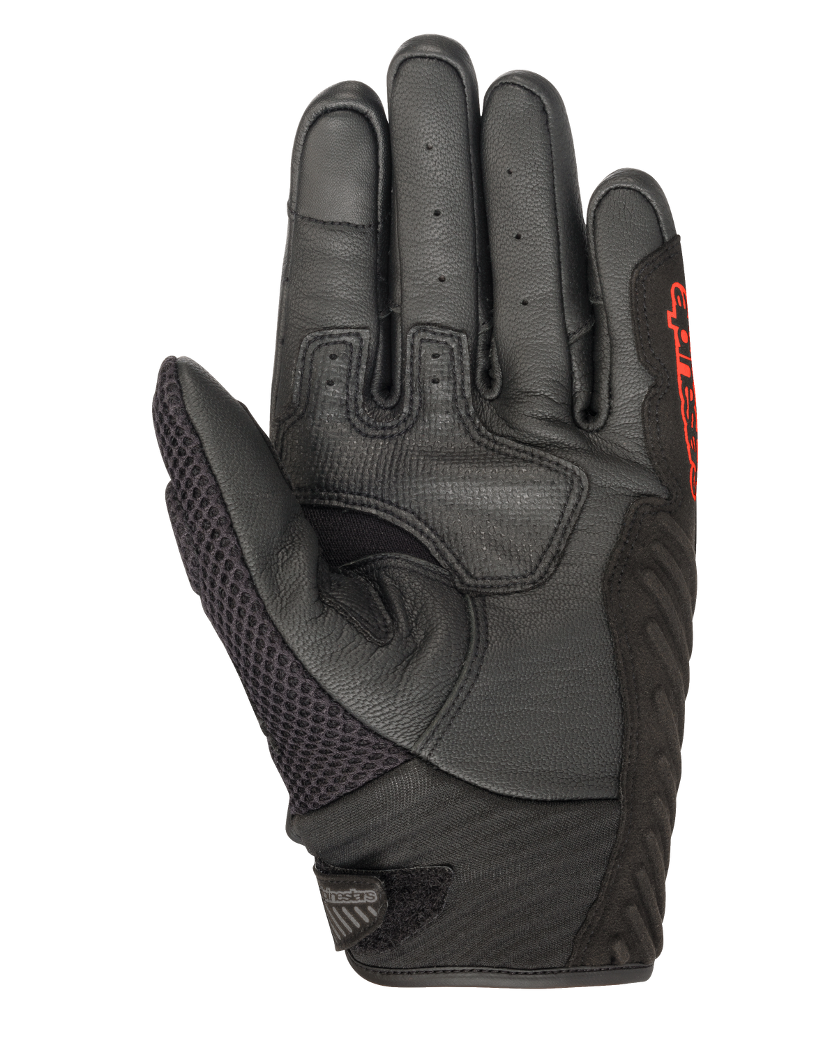 Luvas Alpinestars SMX-1 Air V2, pretas e vermelho fluo, vista da palma com pele perfurada, painel do polegar em malha, zonas de aderência reforçadas e logótipo vermelho, concebidas para condução de motociclismo de estrada no verão