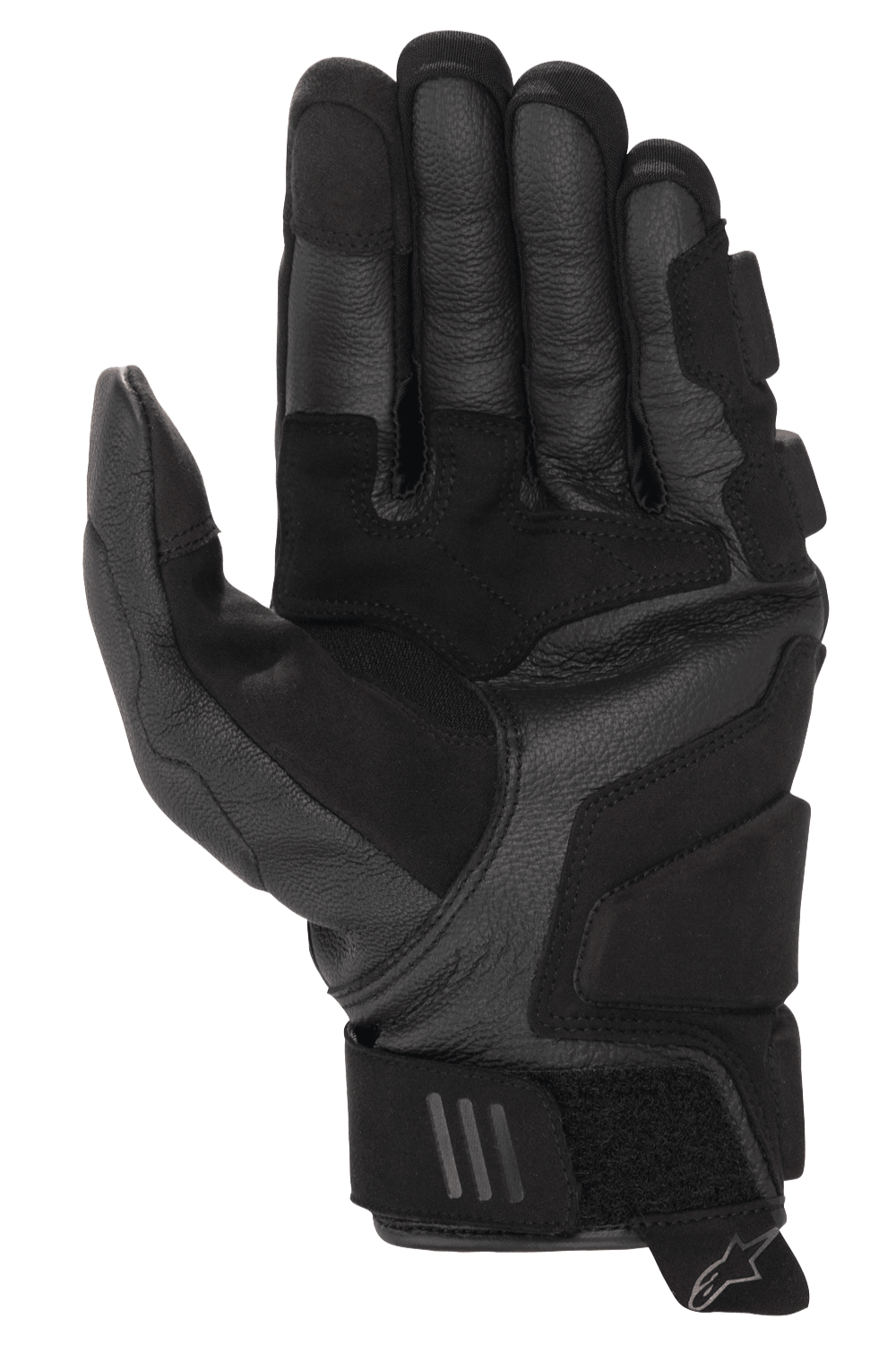 Luvas Alpinestars Phenom Leather Air, luvas de motociclismo, pretas, vista da palma com construção em couro de cabra premium, acolchoamento reforçado e tira de ajuste no punho com logótipo