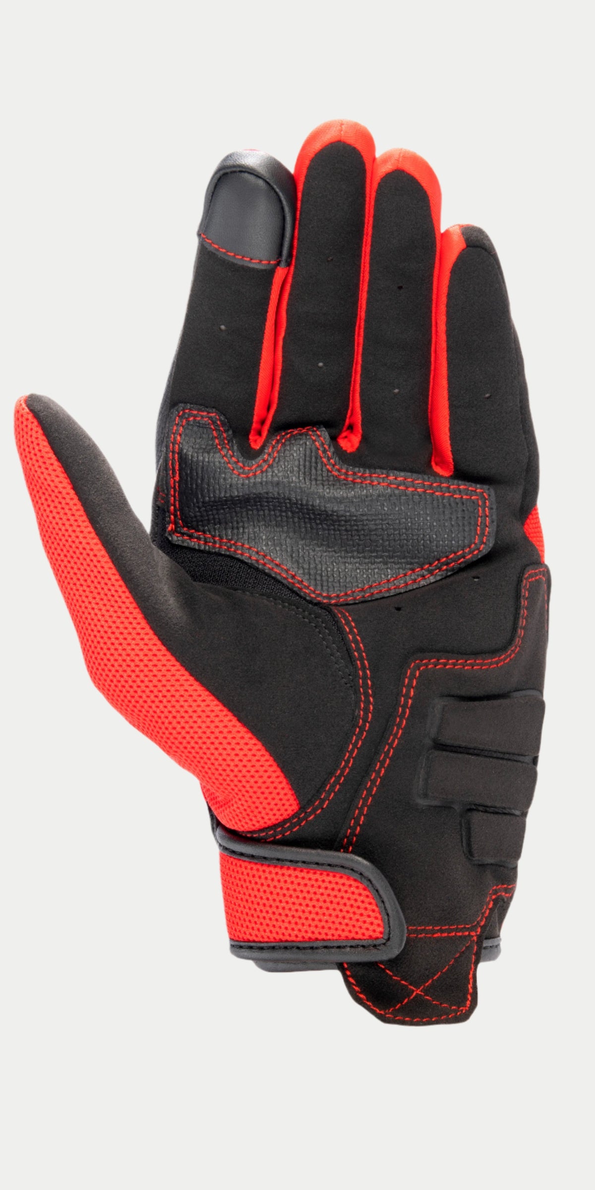 Alpinestars MM 93 Losail V2 Glove, luva de motociclismo, preta e vermelho brilhante, vista da palma com construção em camurça sintética, costuras vermelhas reforçadas, ponta do dedo compatível com touchscreen e malha vermelha respirável no polegar e na tira do pulso