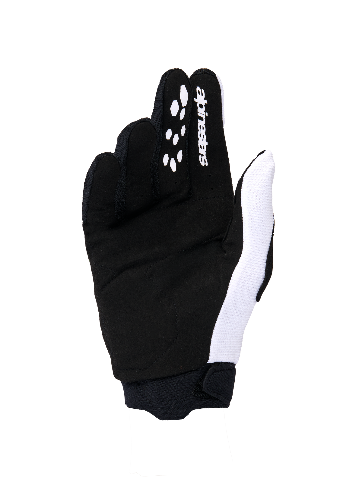 Alpinestars 2026 Woman Stella Full Bore V2 Gloves, luvas de motocross, vista da palma em branco e preto, com construção em camurça sintética, padrões de aderência em silicone nos dedos para controlo das manetes, logótipo branco e punho de neoprene seguro.