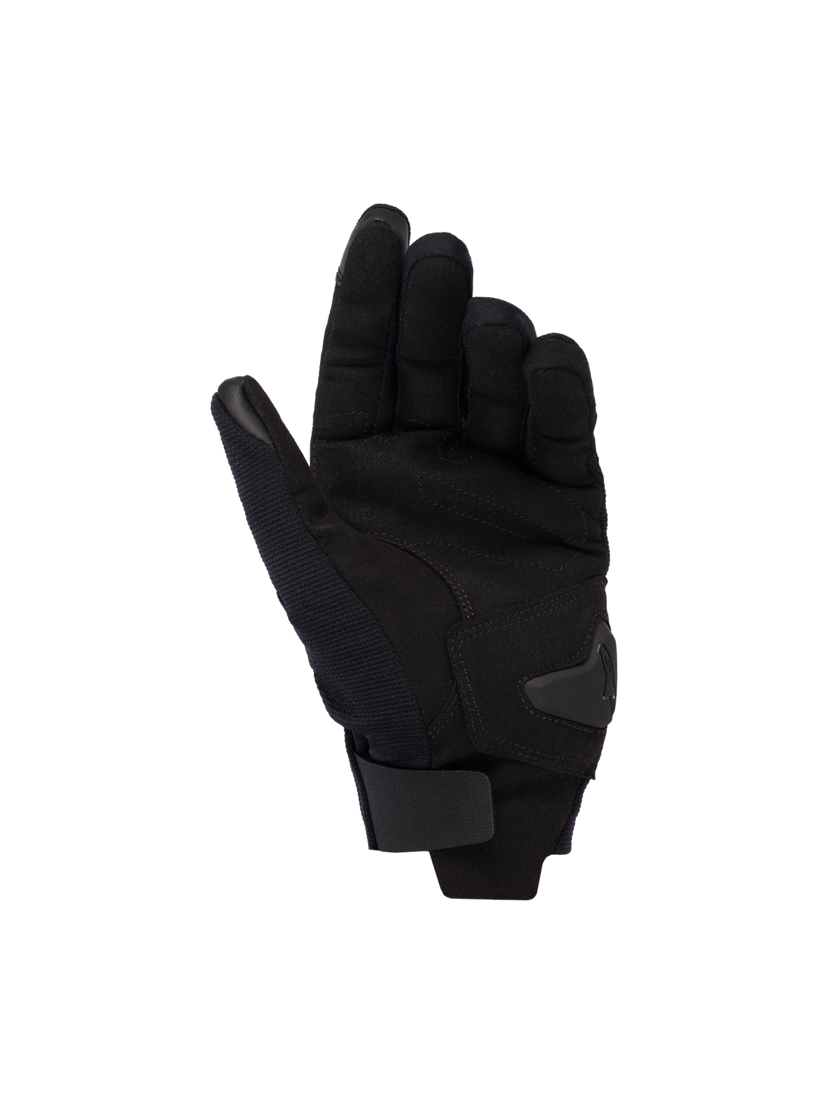 Alpinestars Reef Women's V2 Gloves, Black, palm view showing synthetic suede material, padded reinforcement, and hook-and-loop wrist strap, short cuff urban motorcycle gloves