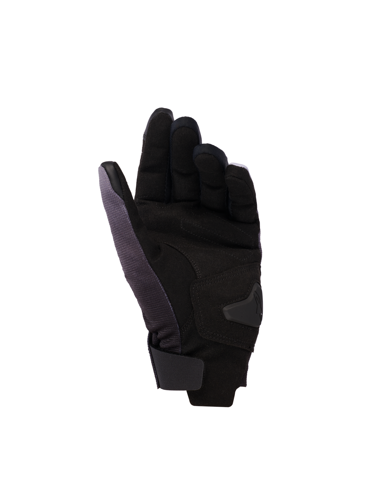 Luvas Alpinestars Reef Femininas v2, luvas de motociclismo para mulher, cinzento, preto e rosa fluo, vista da palma com camurça sintética e reforços acolchoados, punho curto com fecho de gancho e laço, e couro condutor no indicador e polegar para funcionalidade de ecrã tátil